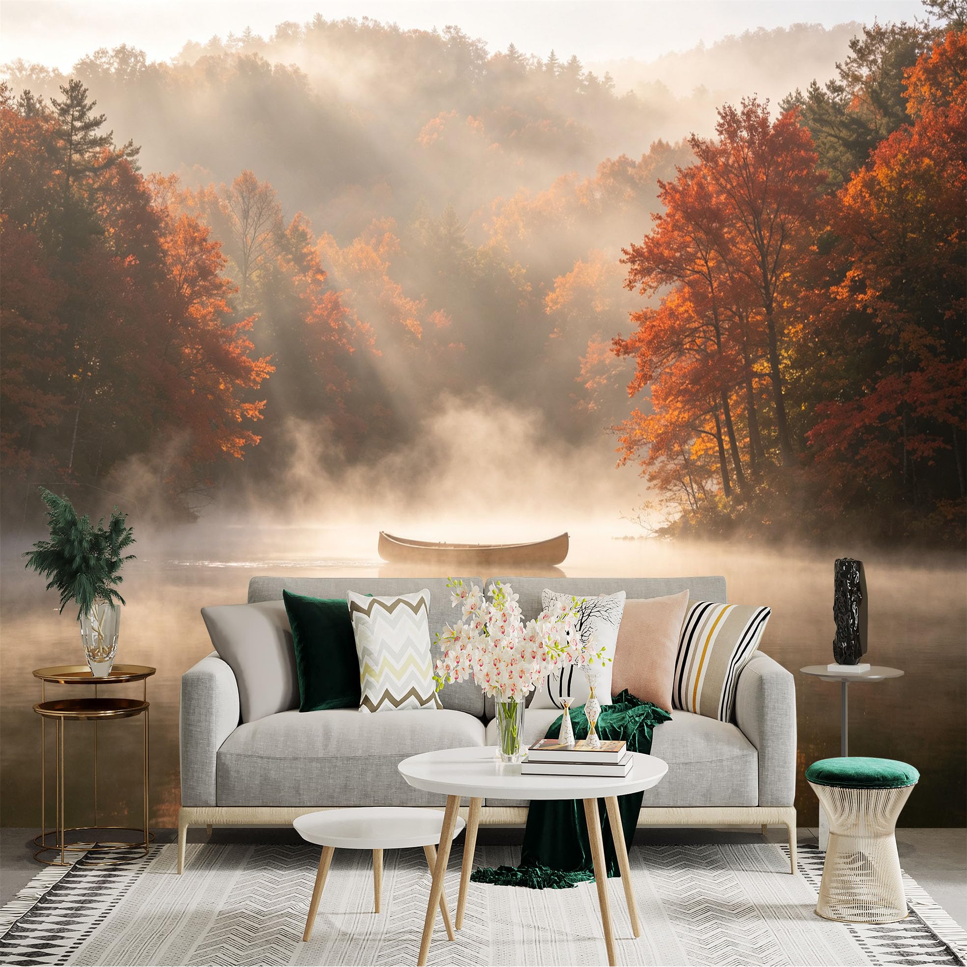 Custom Size Wall Sticker Mural， Autumn Lake with Misty Forest， Canoe on Calm Water， Golden Morning Sun Rays， Serene Landscape， for wall Decoration， peelandstick wall Decals.