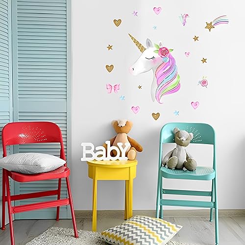 Miniatura 5 de Calcomanías de pared de unicornio, lindo fondo, pared para habitación de niños, niñas, princesa, decoración de dormitorio, calcomanías de pared para
