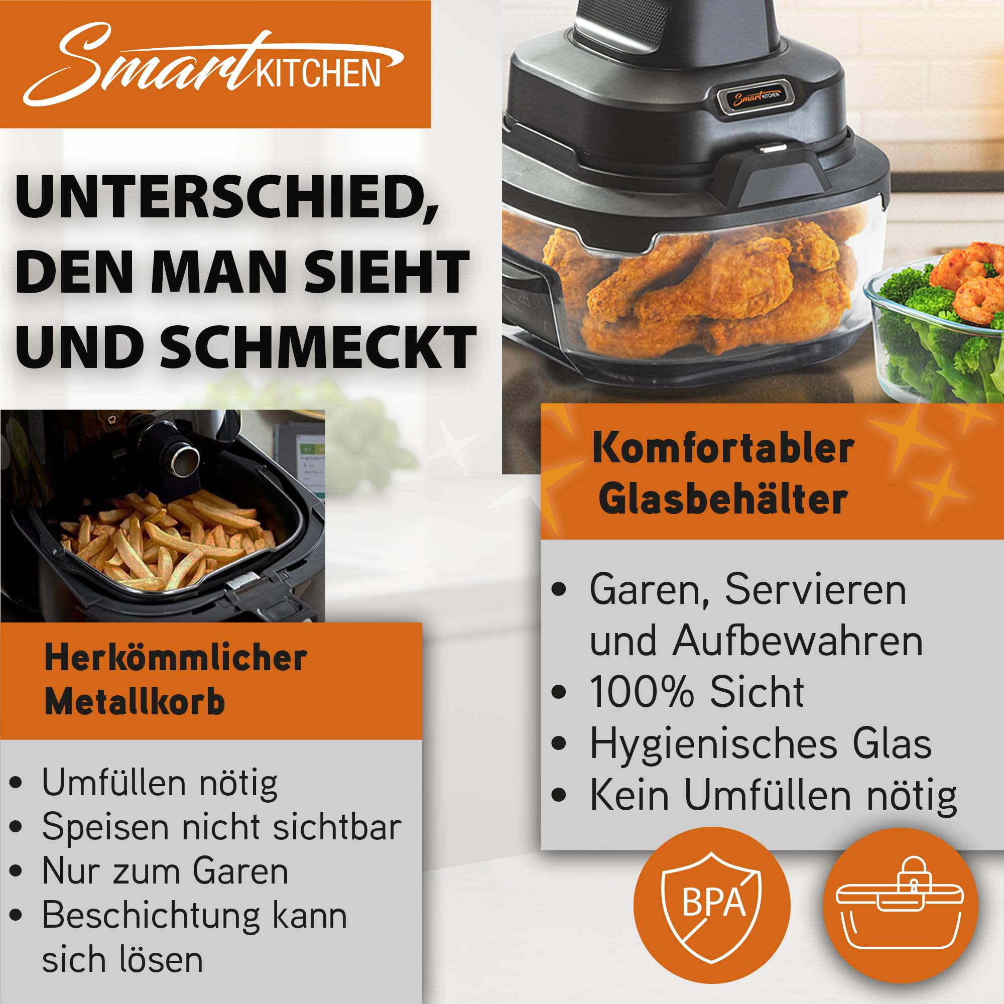 Smart Kitchen Szklana frytkownica na gorące powietrze 4 w 1 – Air Fryer do pieczenia, recrisp i max crisp – 4 l + 1,5 l szklany pojemnik Turbo tower pro – Kompaktowa i przenośna – Czarna