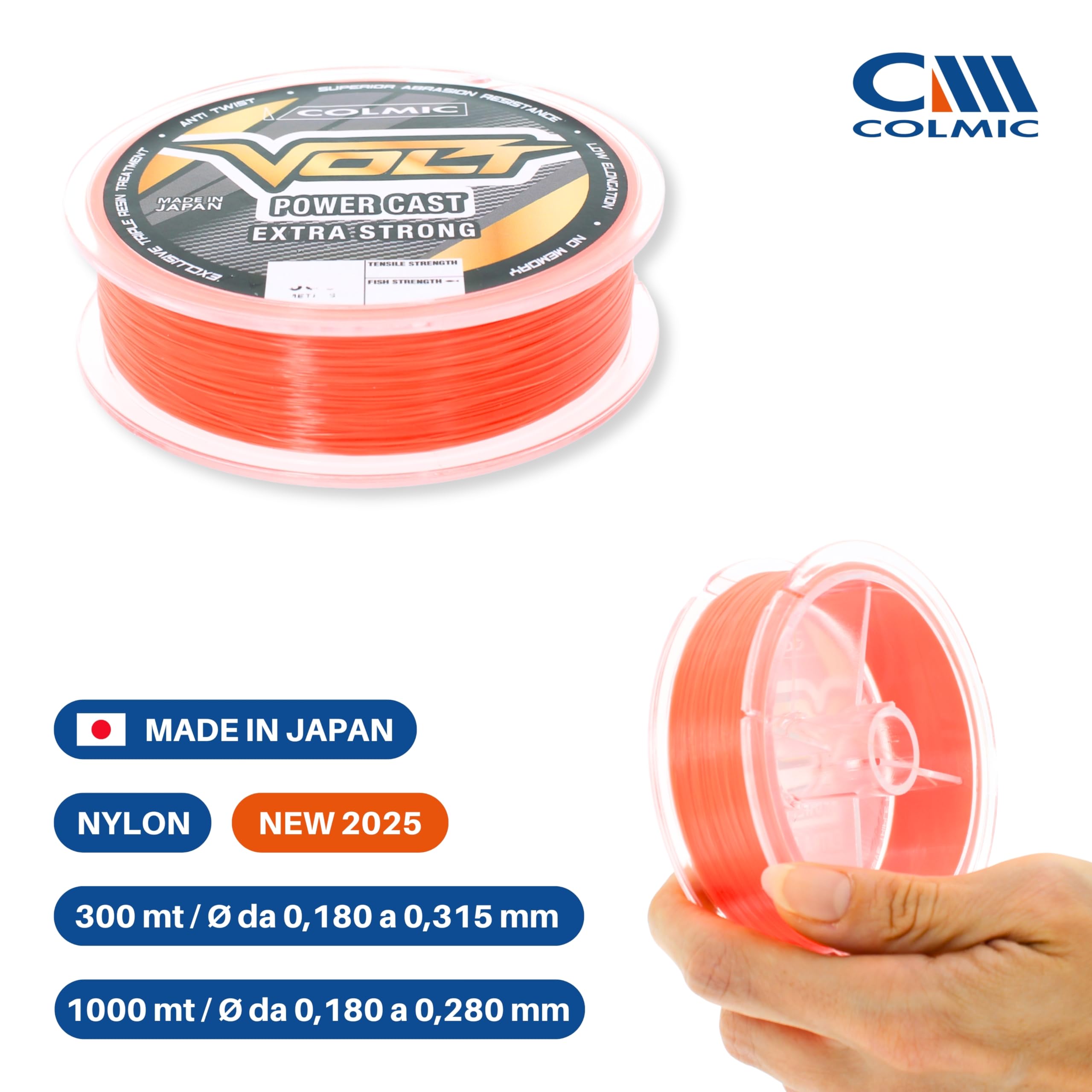 Colmic Volt Power Cast – Monofilamento de Pesca Fabricado en Japón para Surfcasting y Mar – Extra Strong, Alta Visibilidad, Anti Twist, Fluorine Triple Resin, Bobina 300 m/1000 m