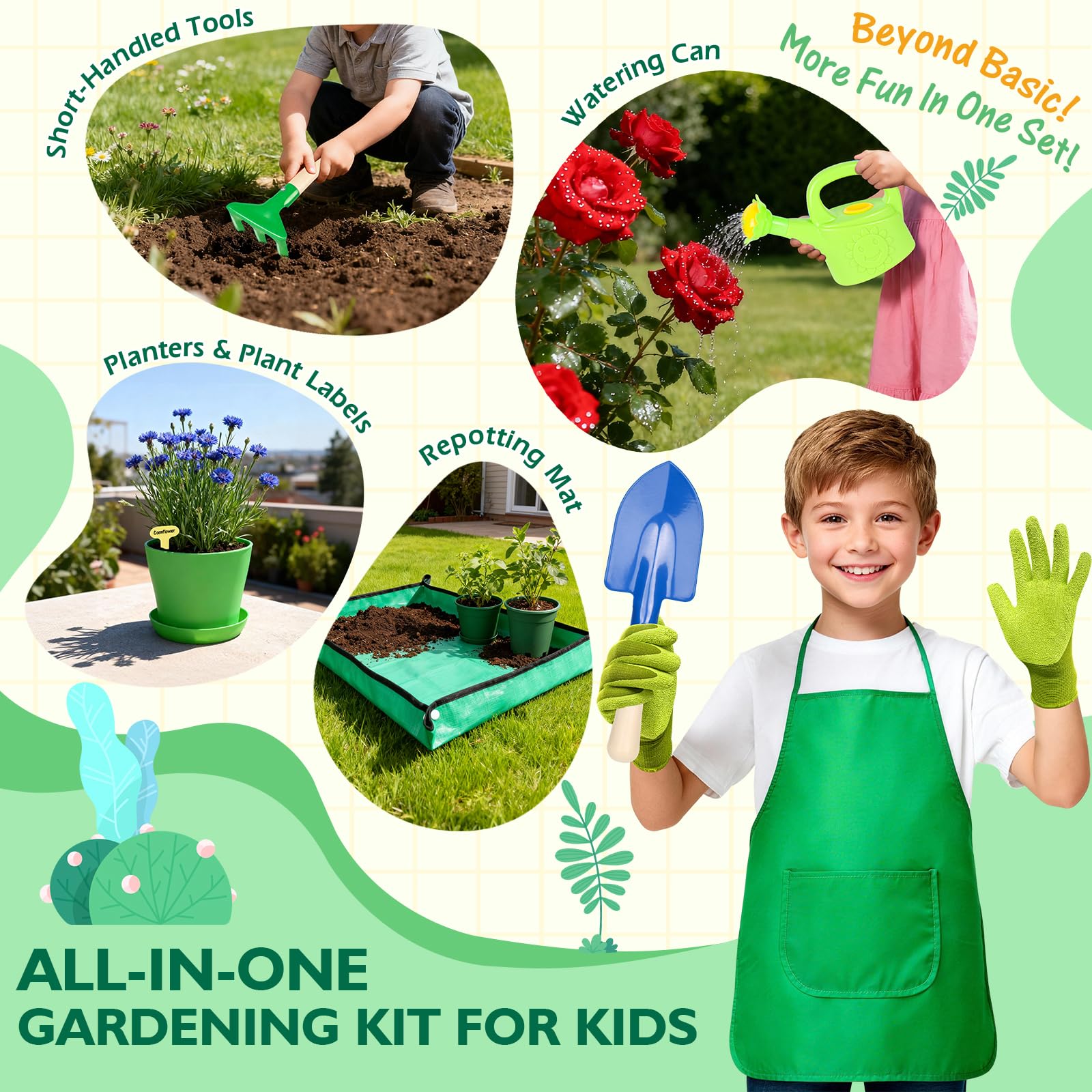 Ensemble de jardinage pour enfants, jouets d'extérieur avec brouette et outils de jardin pour enfants, ensemble de jardinage pour tout-petits avec tapis de rempotage, gants, tablier, arrosoir, jouets