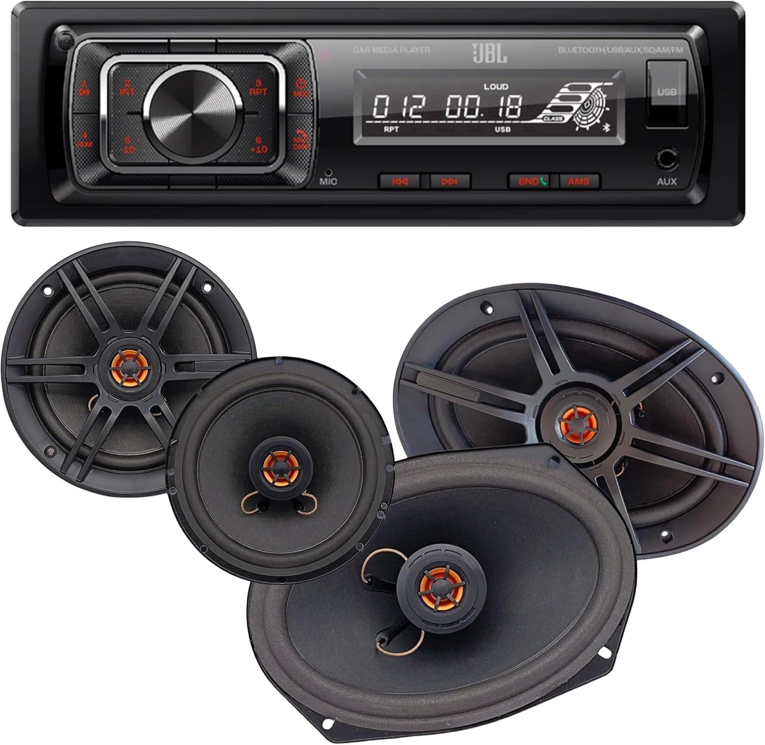 JBL Celebrity150 Single DIN Bluetooth Car Stereo + Audiobank 6x9 & 6.5 Coaxial Speakers (1250W Max Combined Power) - Complete Car Audio Upgrade Kit