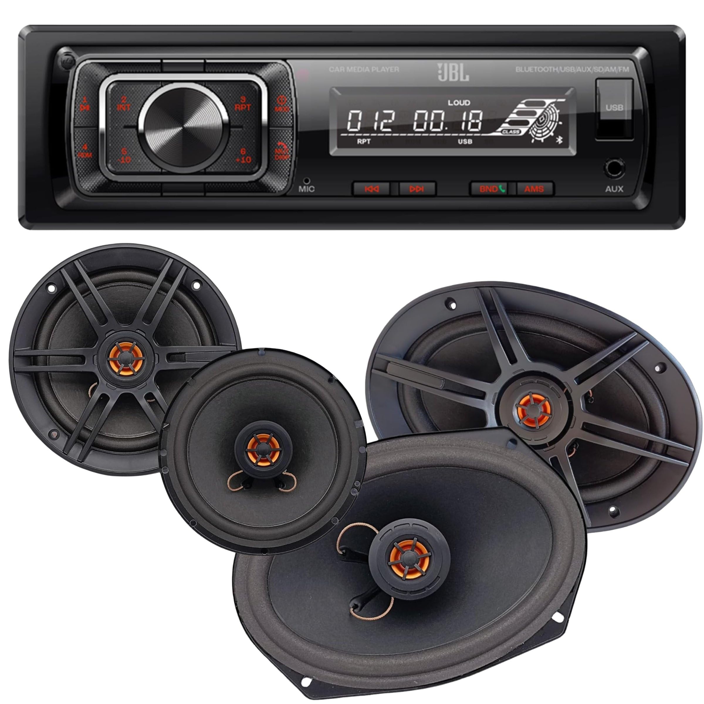 JBL Celebrity150 Single DIN Bluetooth Car Stereo + Audiobank 6x9 & 6.5 Coaxial Speakers (1250W Max Combined Power) - Complete Car Audio Upgrade Kit