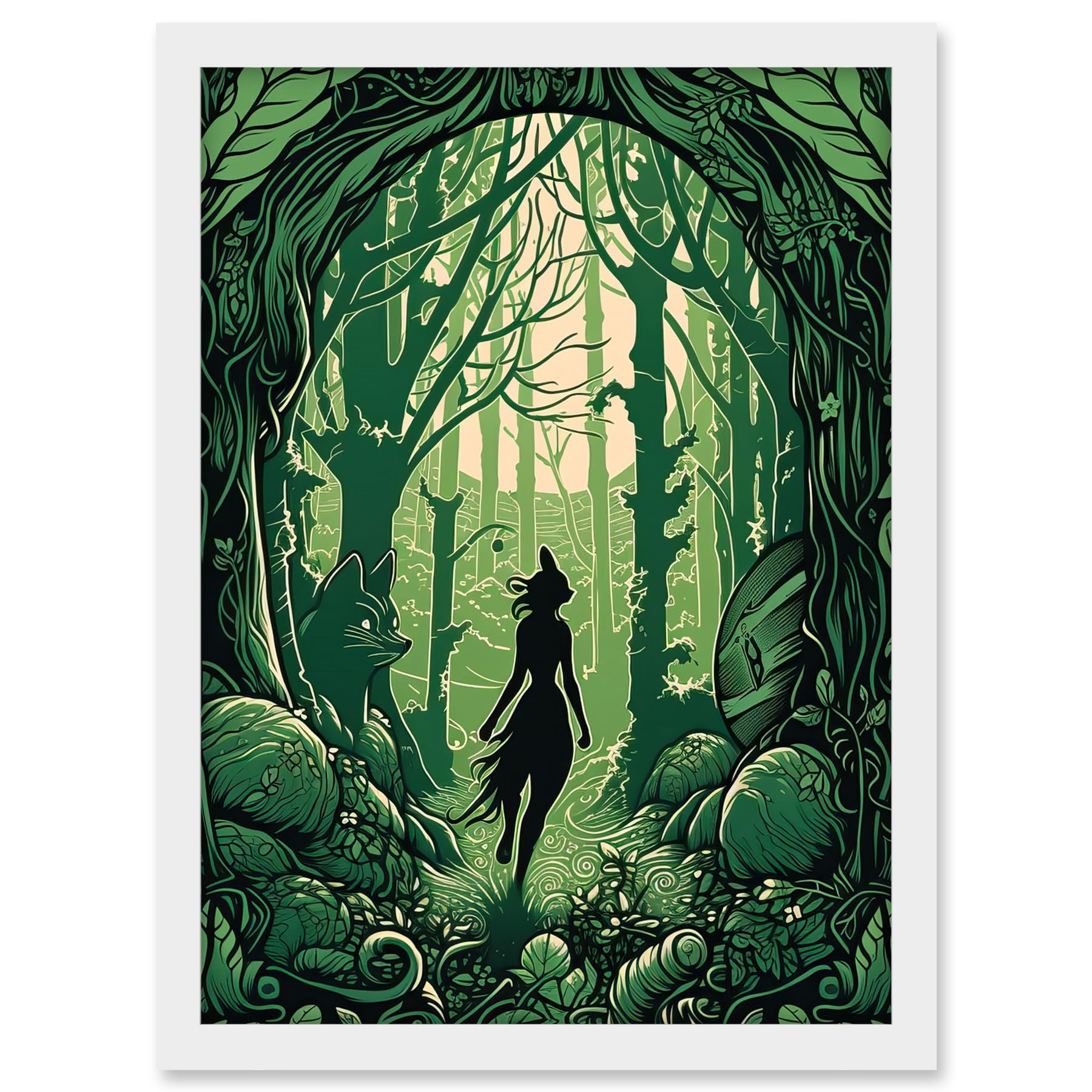 Artery8 Anthropomorphic Fox Silhouette Forest Art Nouveau Artwork Framed A3 Wall Art Print