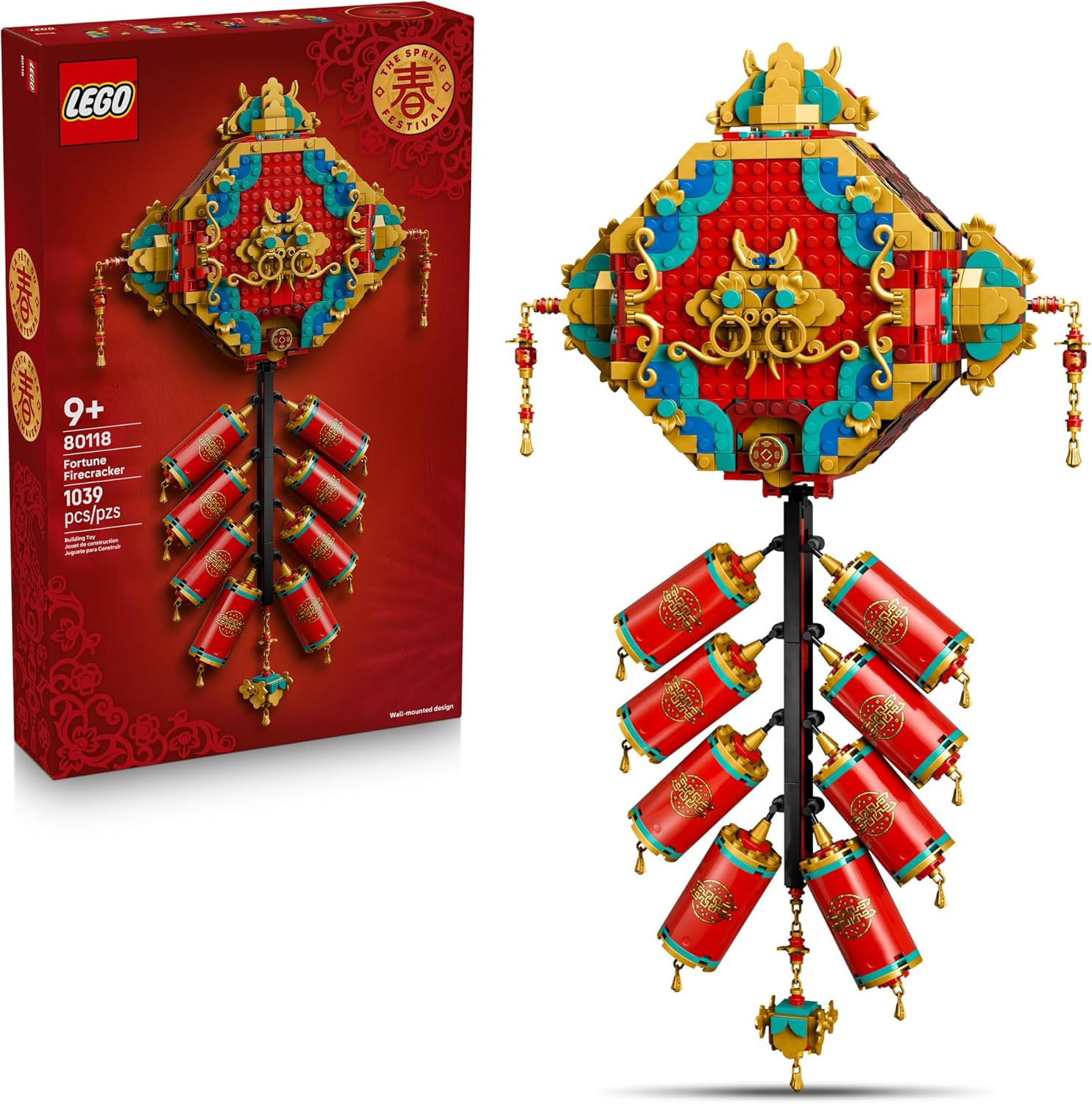 LEGO Spring Festival Fortune Firecracker 80118 box and assembled model