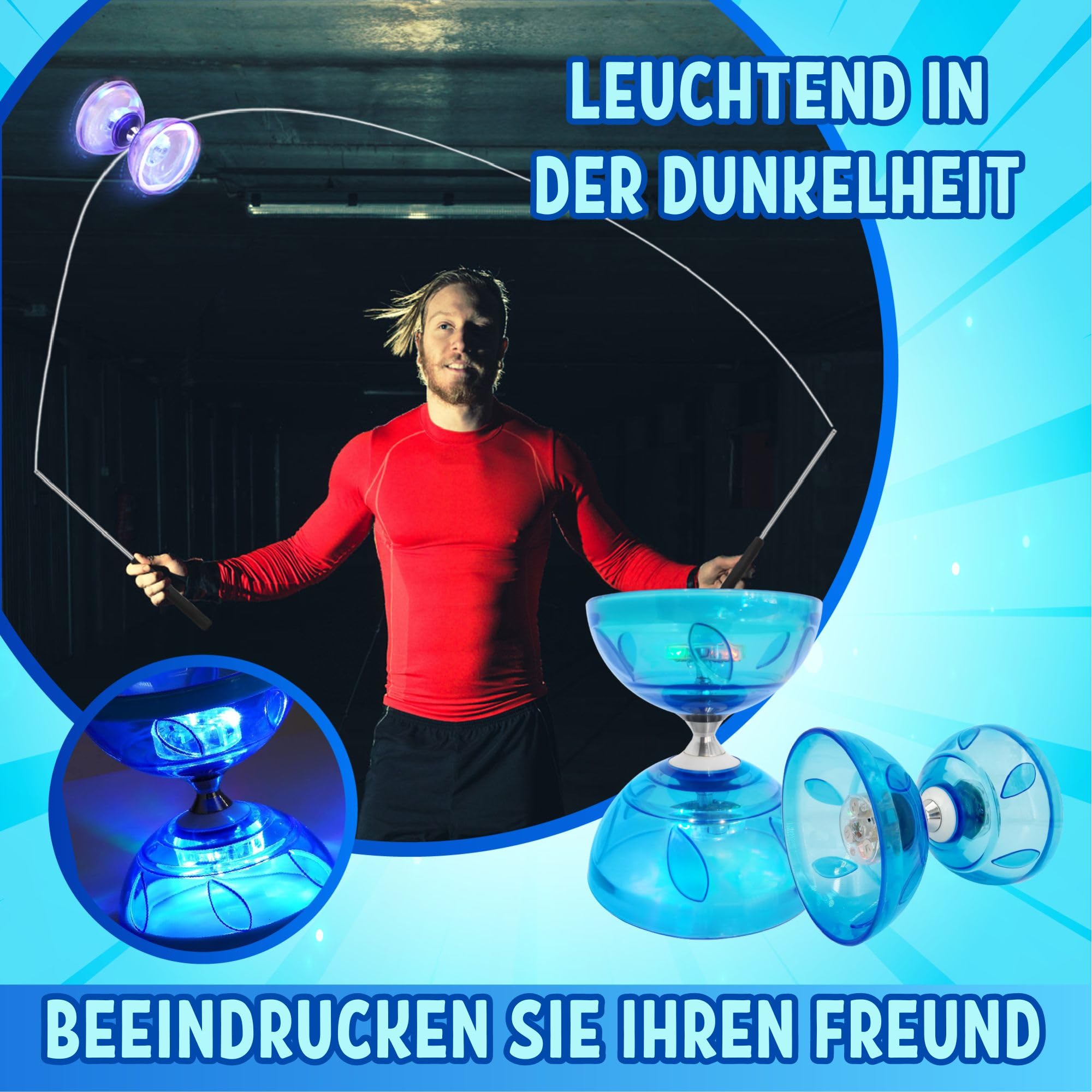 LED Diabolo mit Kugellager - 4,5mm Jonglier Set Leuchtend im Dunkeln | Licht Diabolo für Kinder & Erwachsene, Anfänger & Profis | Freilauf Zirkus Spielzeug für Indoor & Outdoor