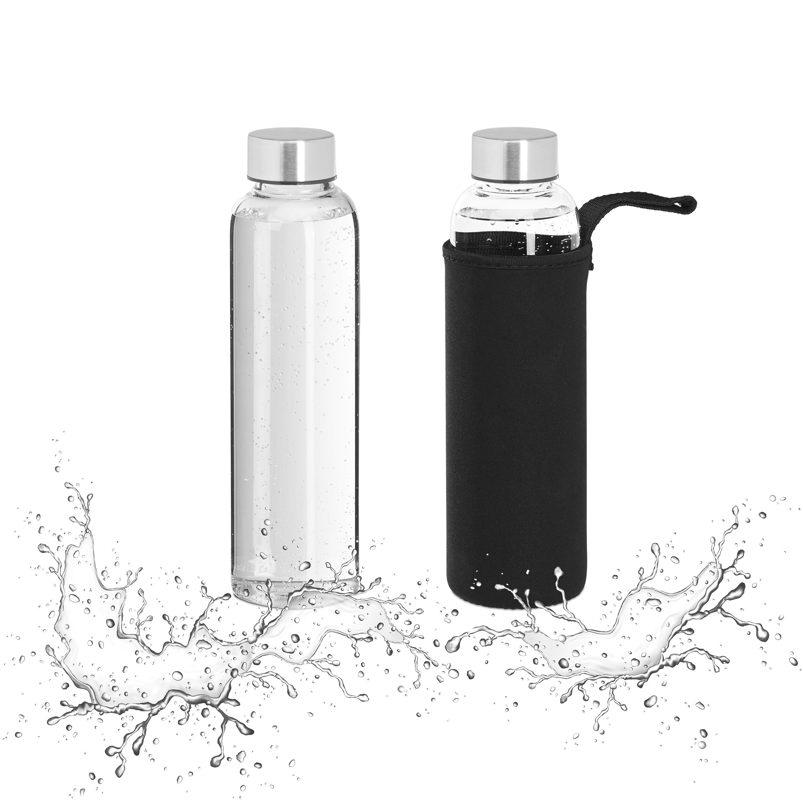 Relaxdays 2 Botellas Agua Reutilizables 500ml, con Funda, Térmicas, Vidrio Borosilicato, 23,​5x6,​5cm, Transparente/​Negro
