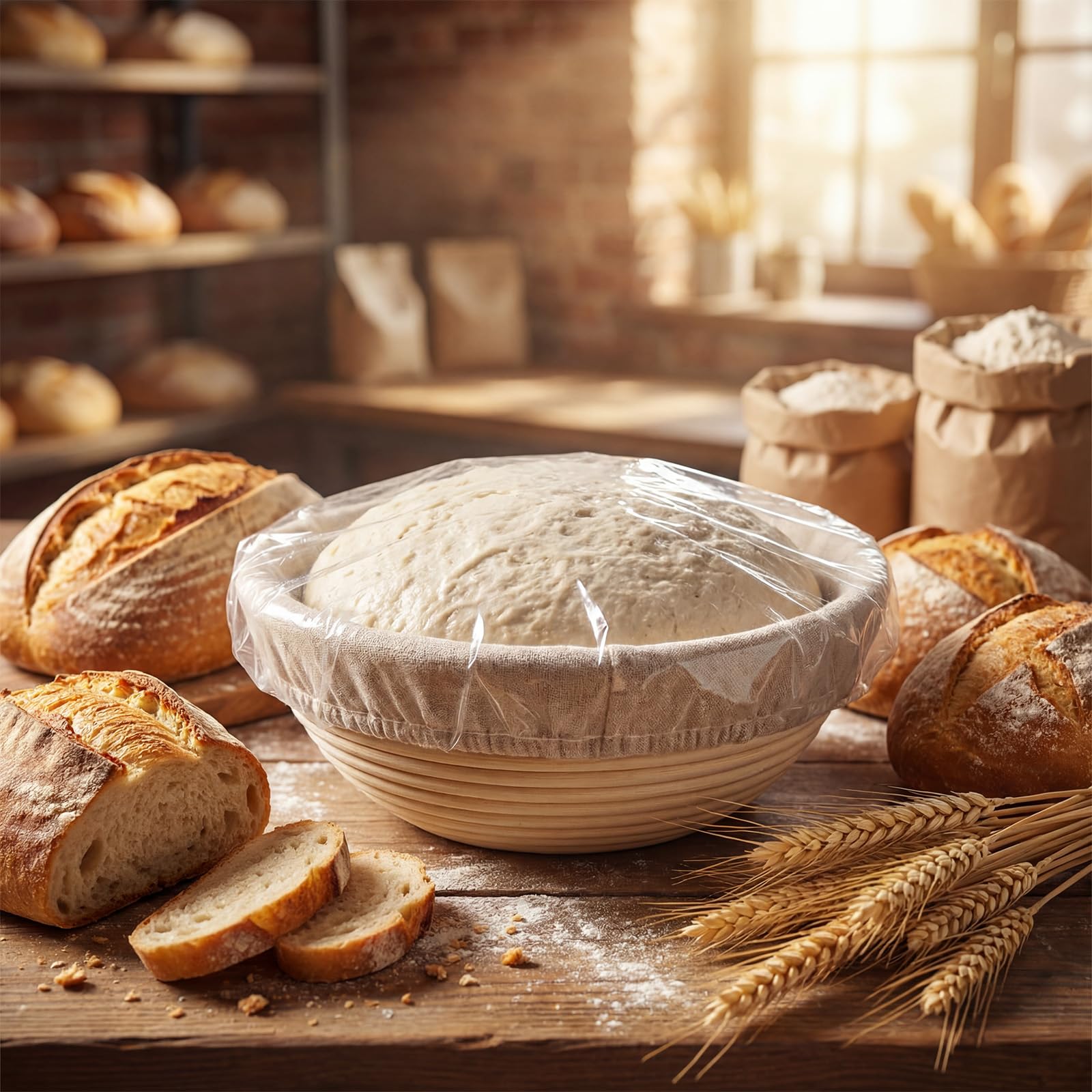 LemonRoad Brotgärkörbe mit Duschkappen, 22,9 cm, Banneton-Korb, Set mit 2 Sauerteig-Gärkörben mit Stoffeinlagen und 1000 Duschkappen für Sauerteigbrot, Backen, Gärung