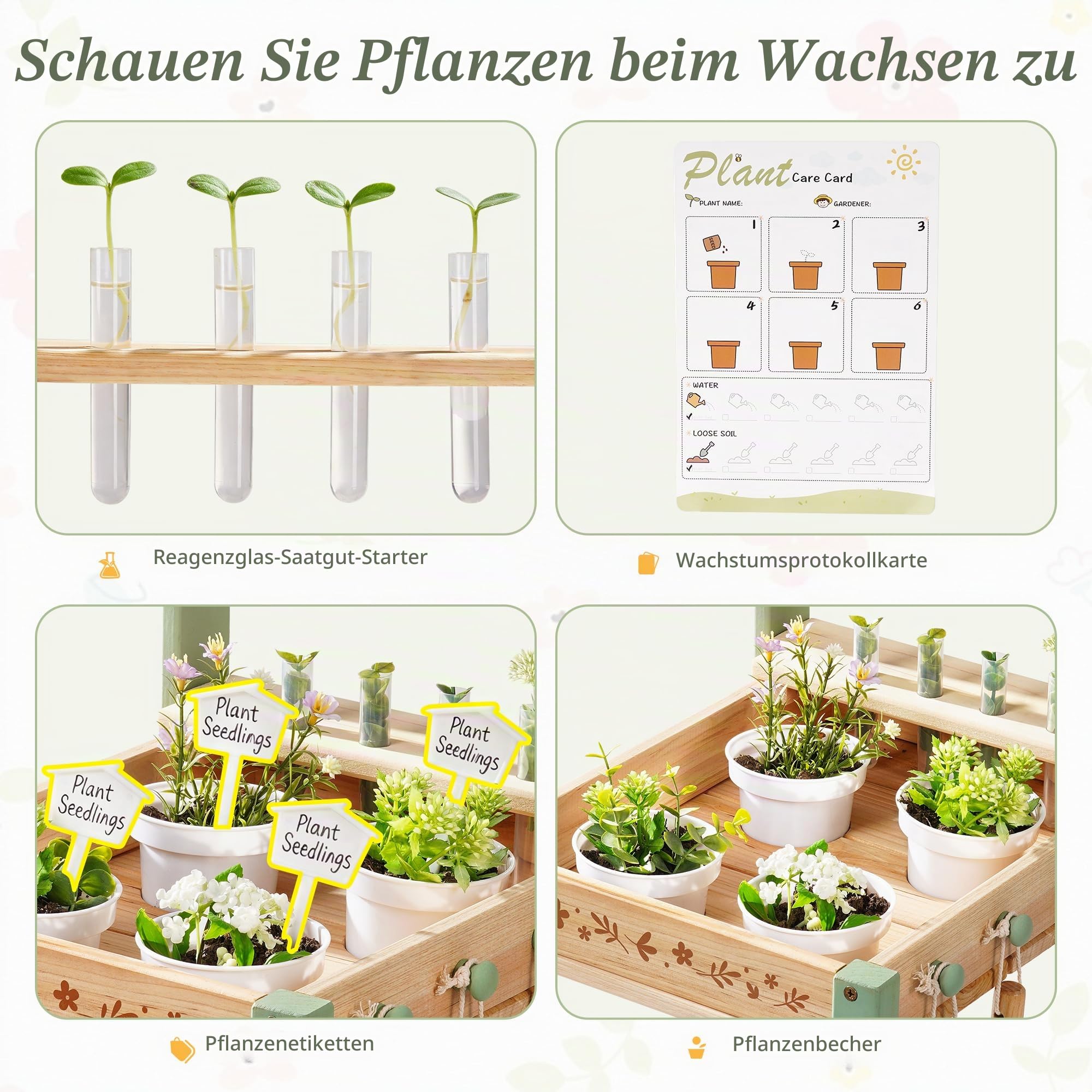 ROBUD Kinder Gartengeräte mit Holzwagen, Gartenwerkzeug mit Gießkanne, Schaufel, Handrechen, Pflanztöpfen und Hydroponik-Röhren, Pädagogisches Gartenset für Jungen Mädchen ab 3 Jahren, Grün