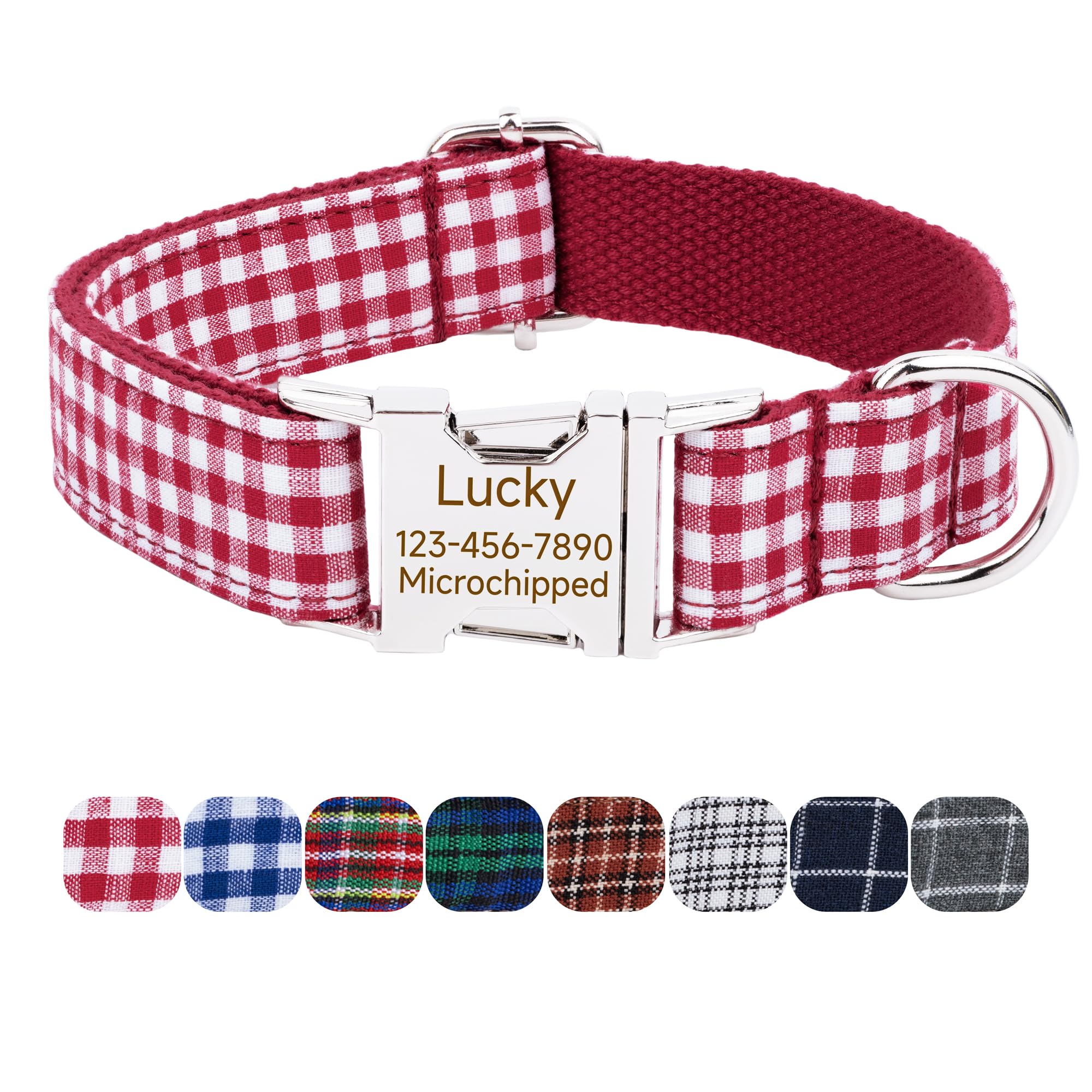 WUPUDUPU Personalized Custom Dog Collar with Pet Name/Phone Number/Address Engraved on Metal Buckle, Plaid Style, Multiple Colors, Optional Matching