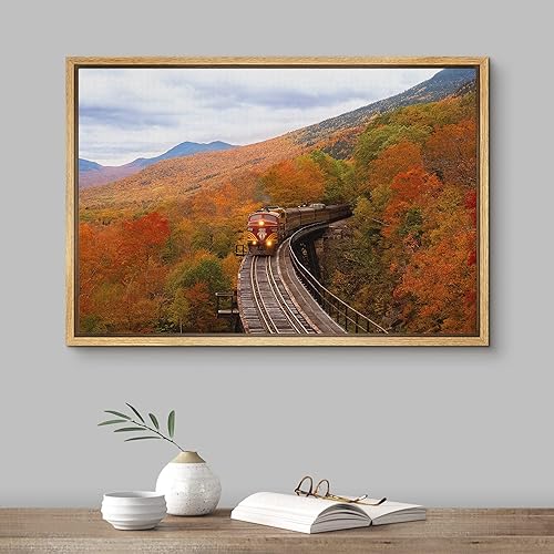 Vista 2 de SIGNFORD Lienzo enmarcado para pared, tren de montaña de otoño, vías de ferrocarril, naturaleza, desierto, fotografía, realismo, paisaje decorativo
