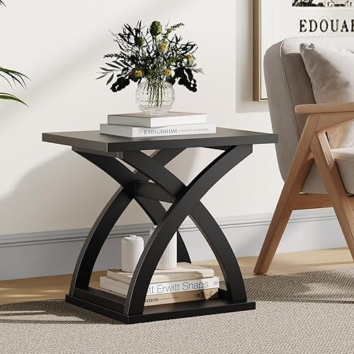 Miniatura 12 de ChooChoo Mesa auxiliar lateral, mesa auxiliar moderna con estante de almacenamiento, mesa lateral de diseño X para sala de estar (blanco)