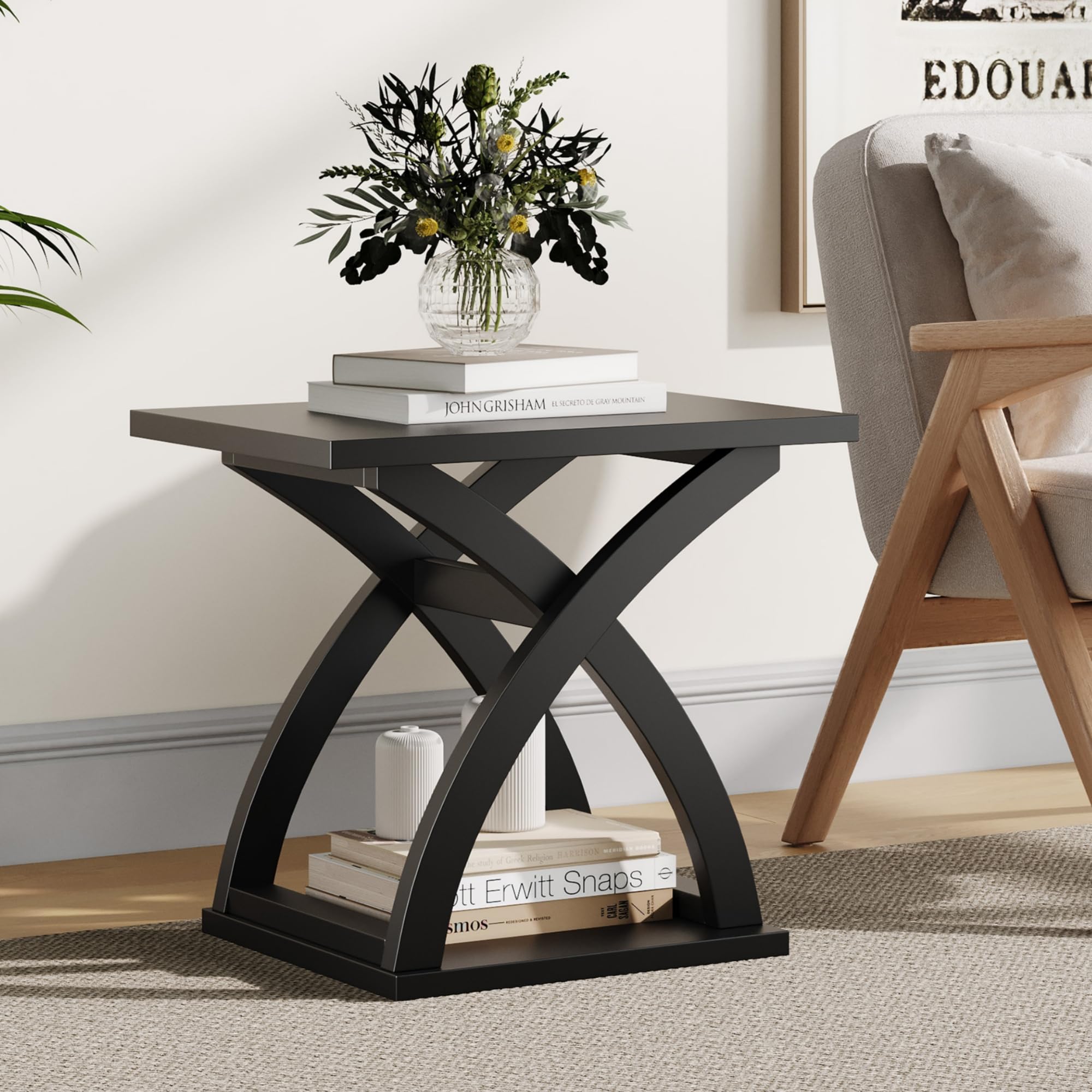 ChooChoo End Side Table, Modern End Table with Storage Shelf, X-Design Side Table Living Room (Black)