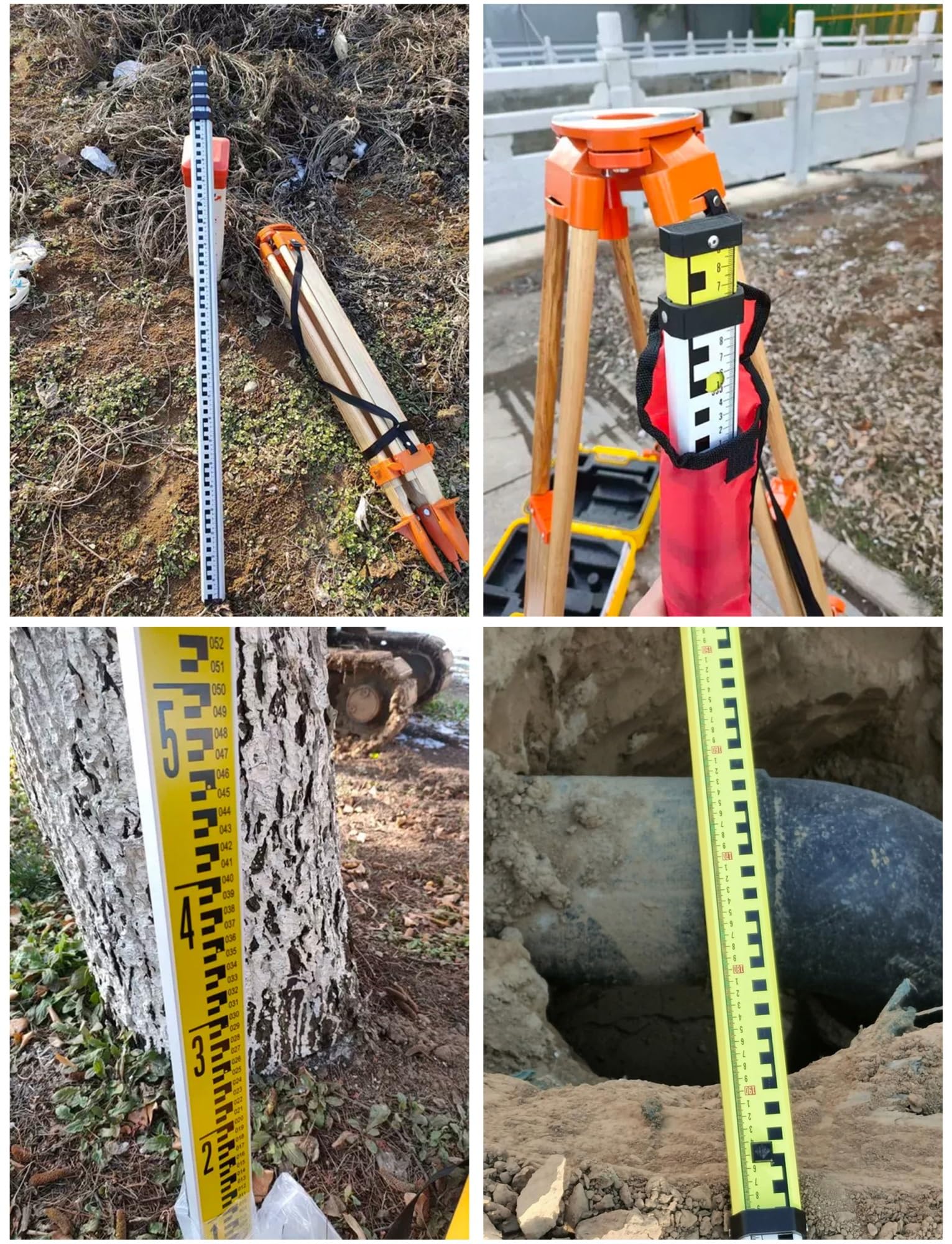 Mira telescópica de Aluminio con trípode (Escala métrica) para topografía y construcción.