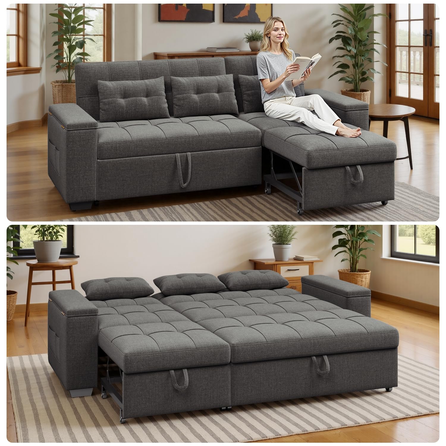 87" Convertible Sofa Bed, Pull Out Couch for Small Spaces, Dark Gray | Space-Saving Sleeper, Pull-Out Design, Adjustable Backrest, Wide Armrests with Storage, Plush Cushions for Small Spaces