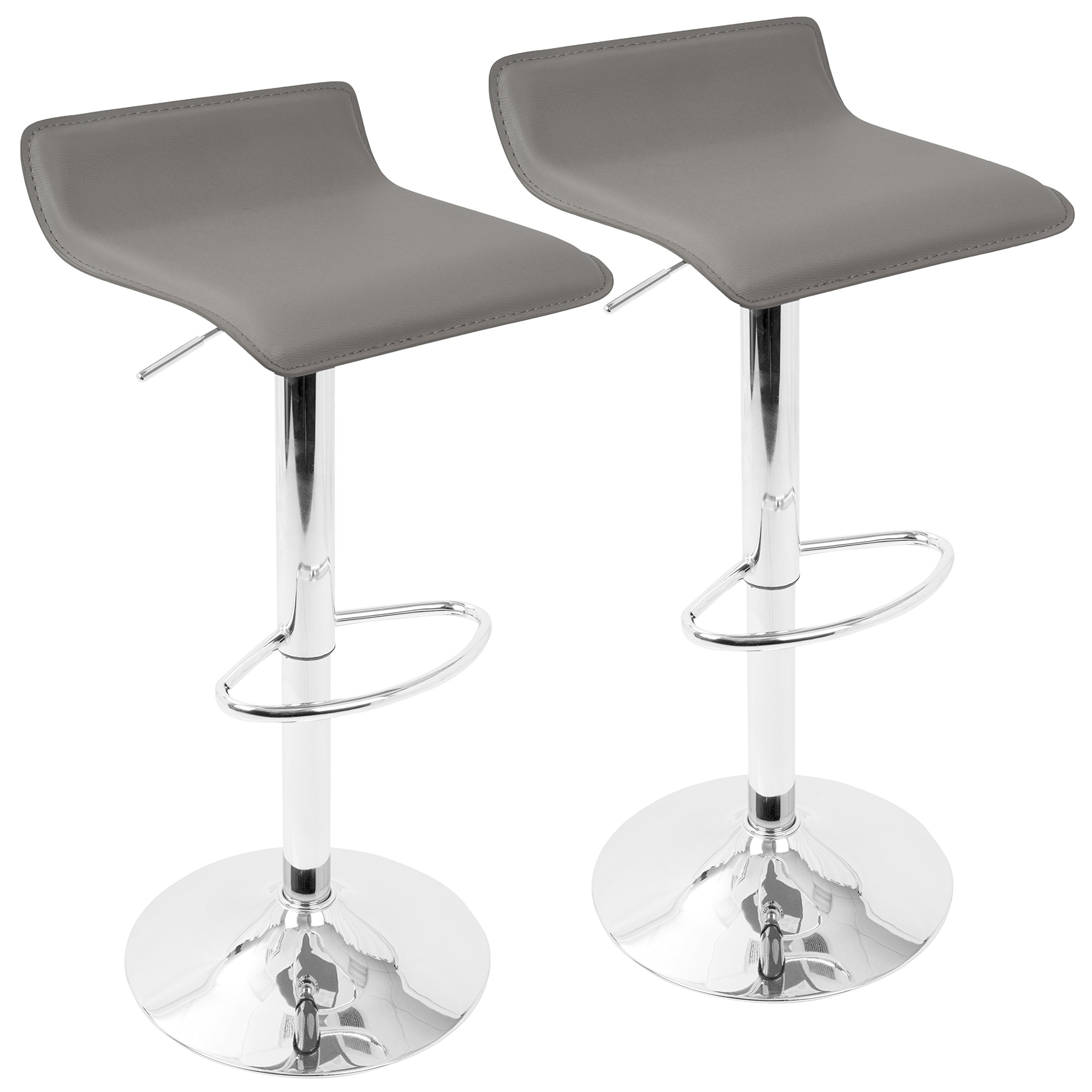 LumiSource Ale Contemporary Adjustable Barstool in Chrome and Faux Leather - Set of 2 (Grey)