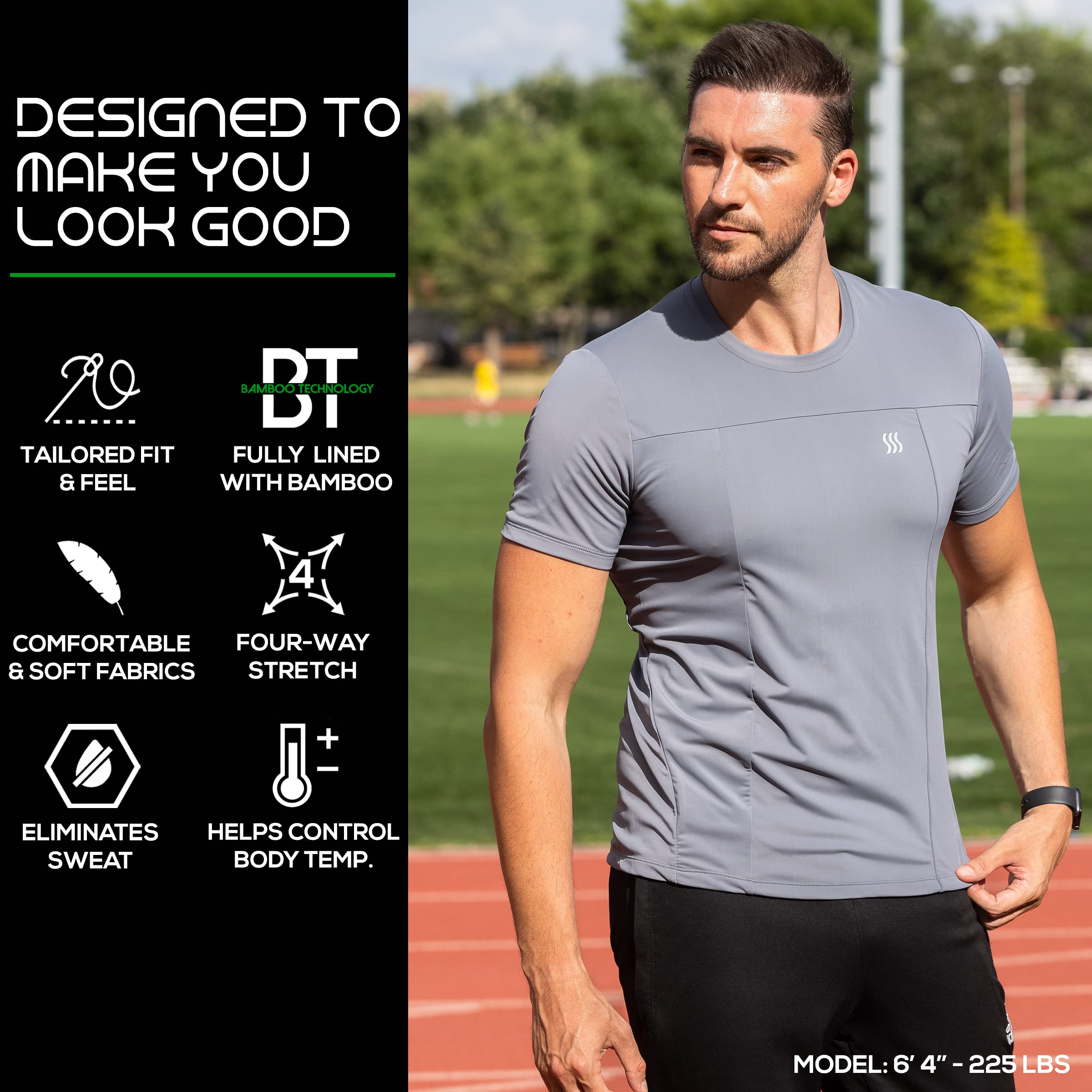 SAAKA Men's Hybrid Compression Shirt. Form Fitting for Muscular & Athletic Look. (Large, Graphite)