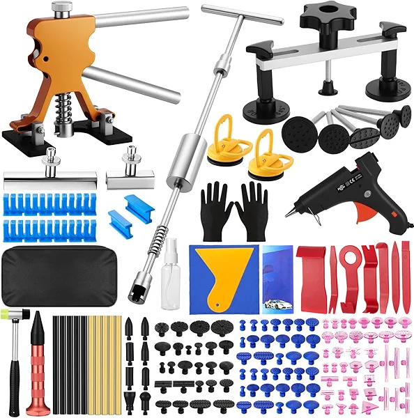 oranqran 161Pcs Car Dent Puller Kit, Body Repair Tools Paintless Dent Removal Tool with Adjustable Dent Lifter & Bridge Puller, Hail Damage Repair Kit for Car Refrigerator Door Ding - Gold