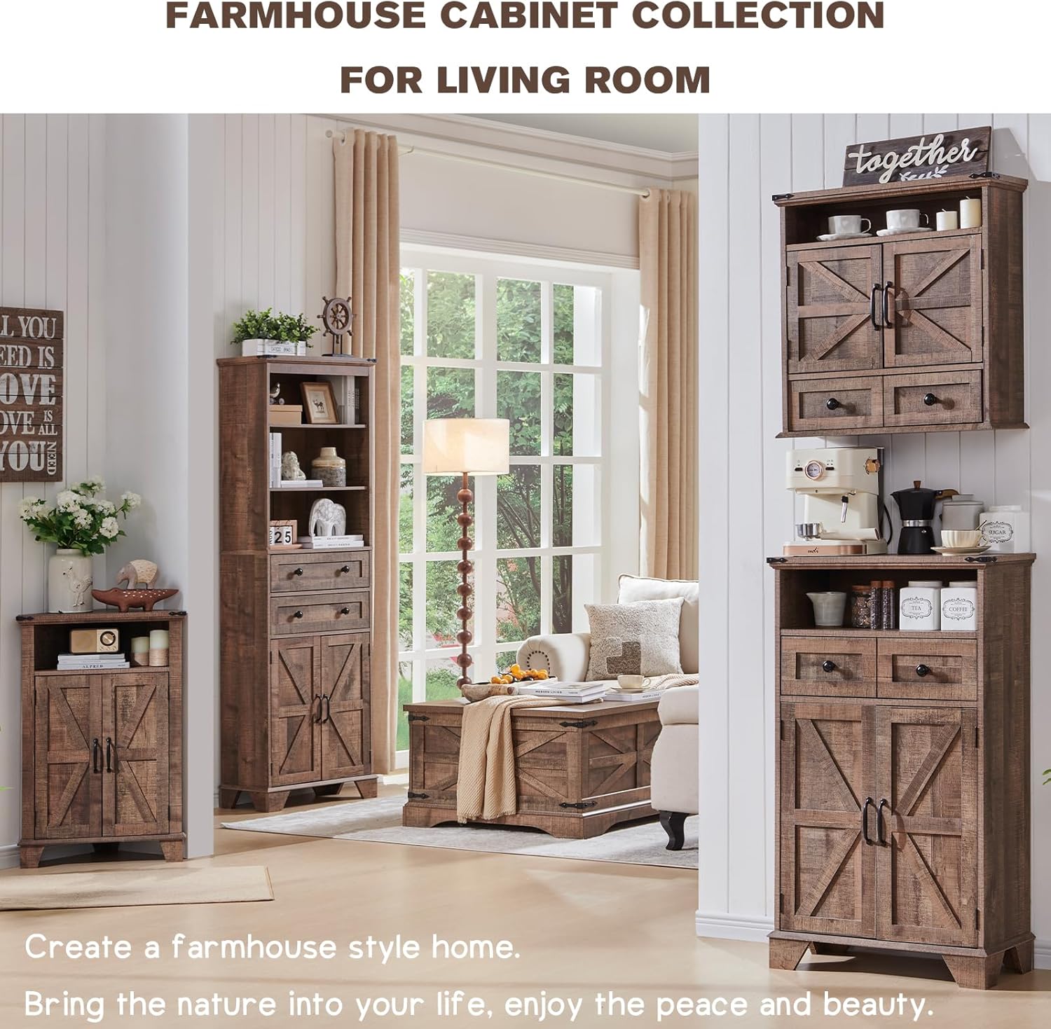 Rustic Brown Farmhouse Bathroom Wall Cabinet with Barn Doors