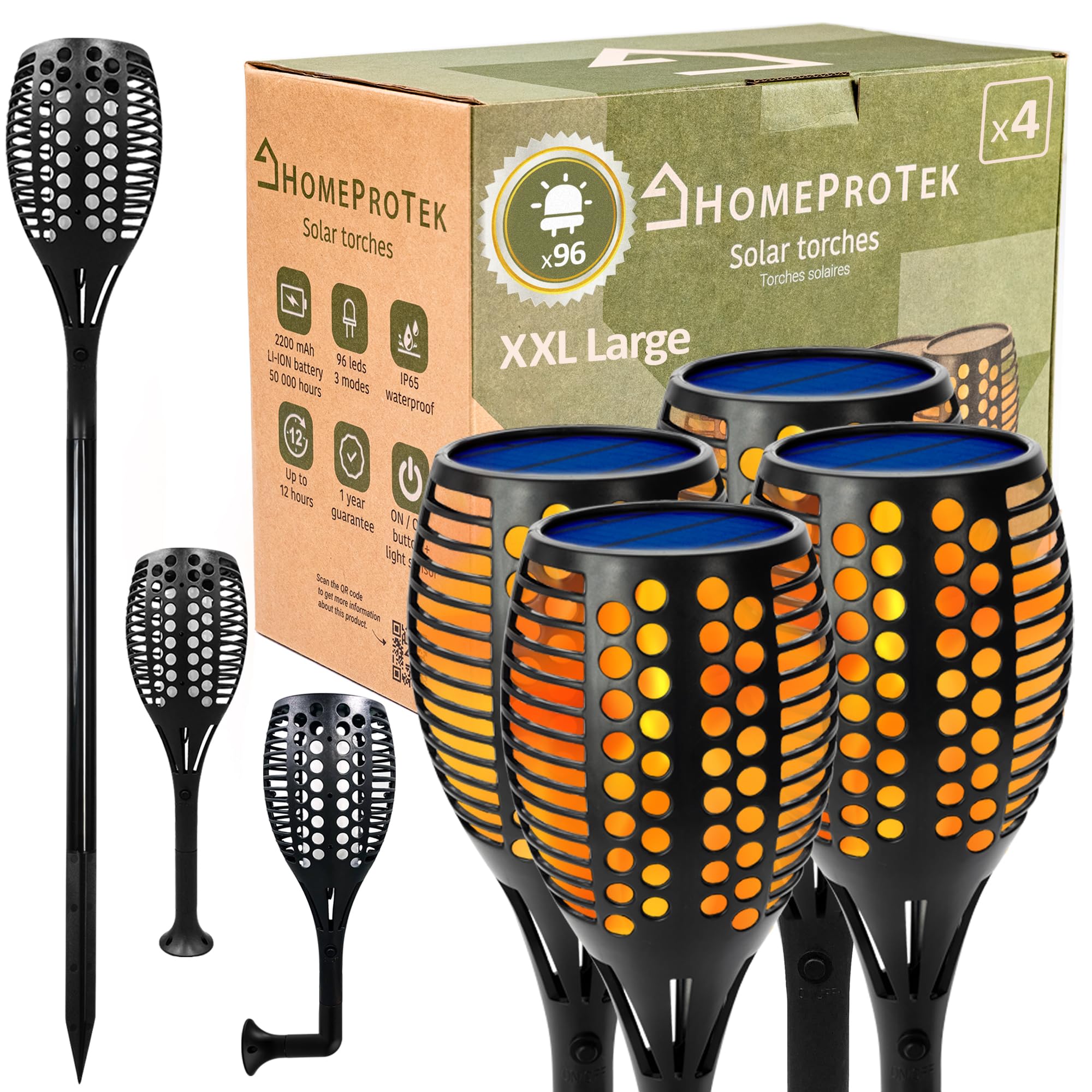 HOMEPROTEK 4 Piezas 96LED Antorchas Solares Exterior Jardin - Luces Solares Led Exterior Jardin - IP65 Impermeable Luces Led Solar - Solar Lights Outdoor Garden