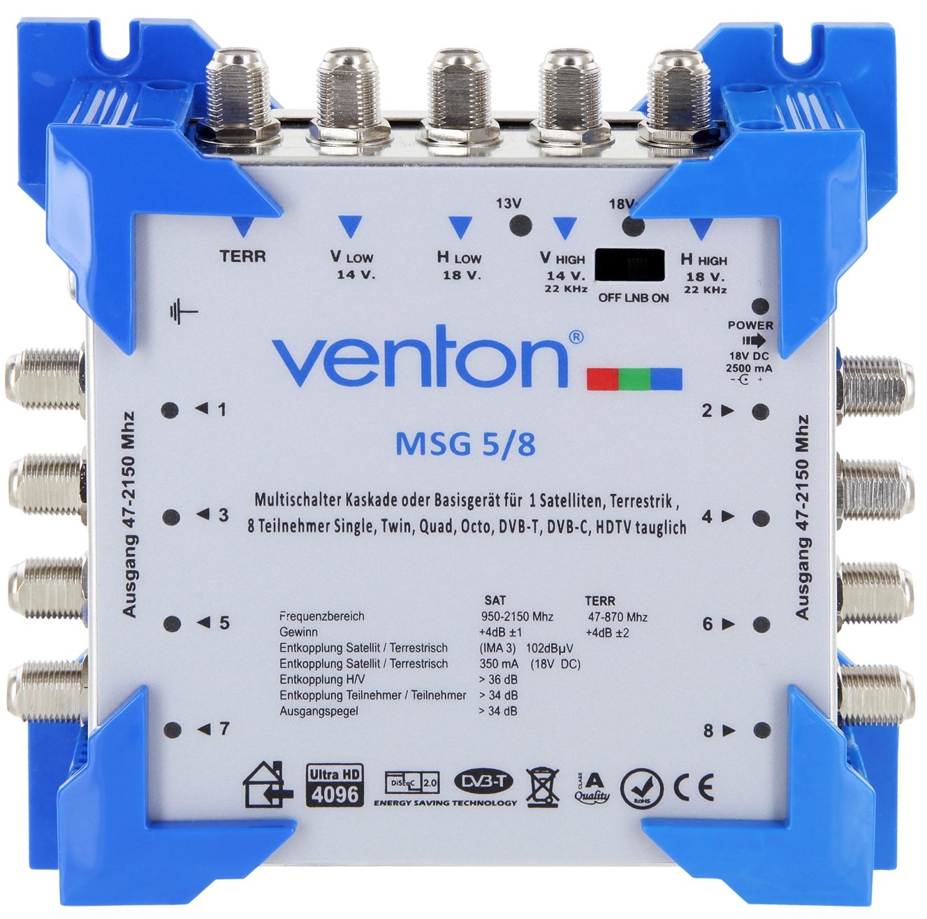Venton Multiswitch Sat 5/8 MSG I Multiswitch dla maksymalnie 8 uczestników I SAT rozdzielacz 5 wejść 8 wyjść - UHD Full HD-TV 4K 3D I odbiór sygnałów cyfrowych i naziemnych I w zestawie zasilacz