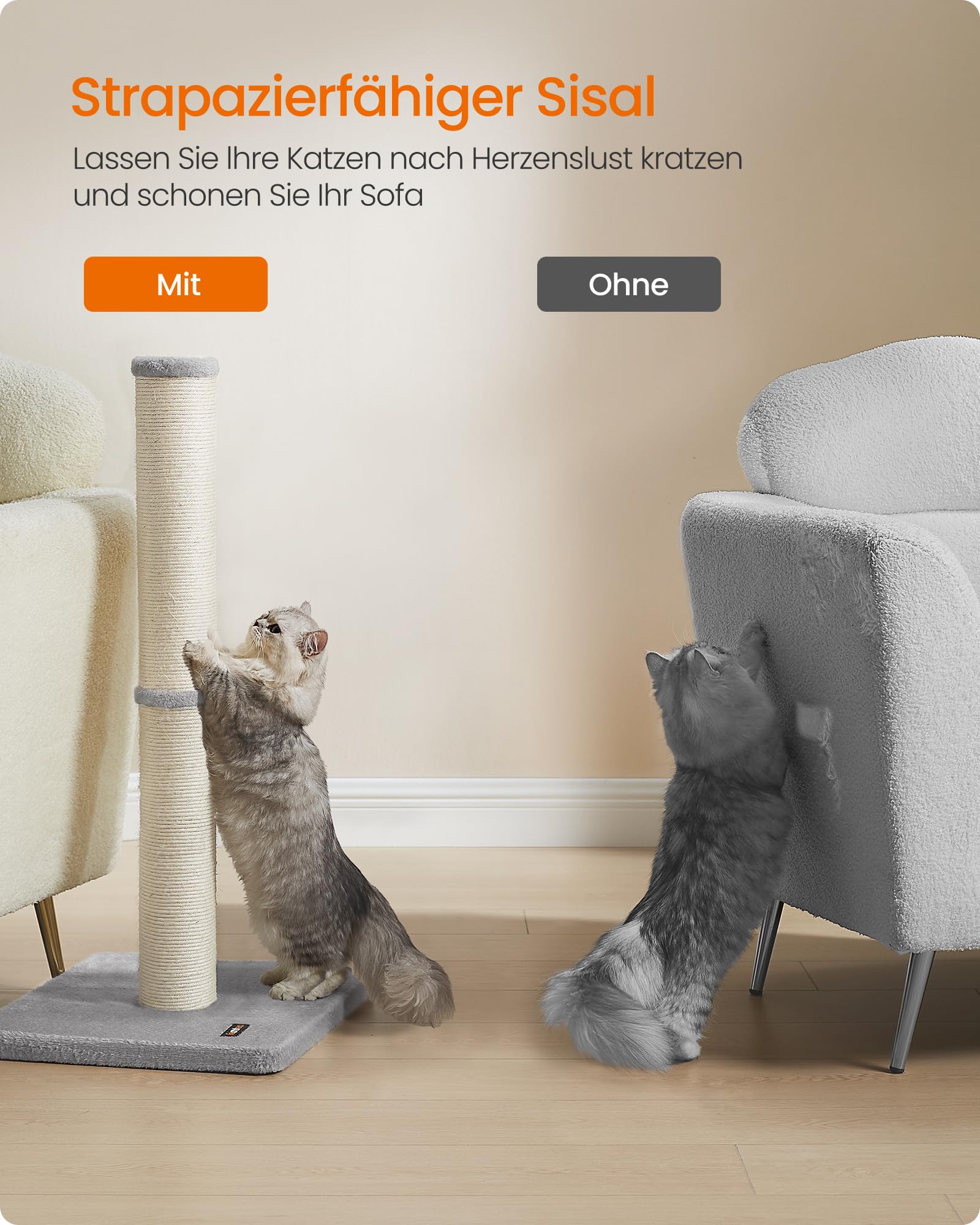 Feandrea Kratzbaum, 85 cm hoch, Kratzsäule, Katzenbaum, Kratzstamm für Kätzchen und Normale ausgewachsene Katzen, Sisalstamm, mit Plüschball und Glocke, Taubengrau PCA040G01