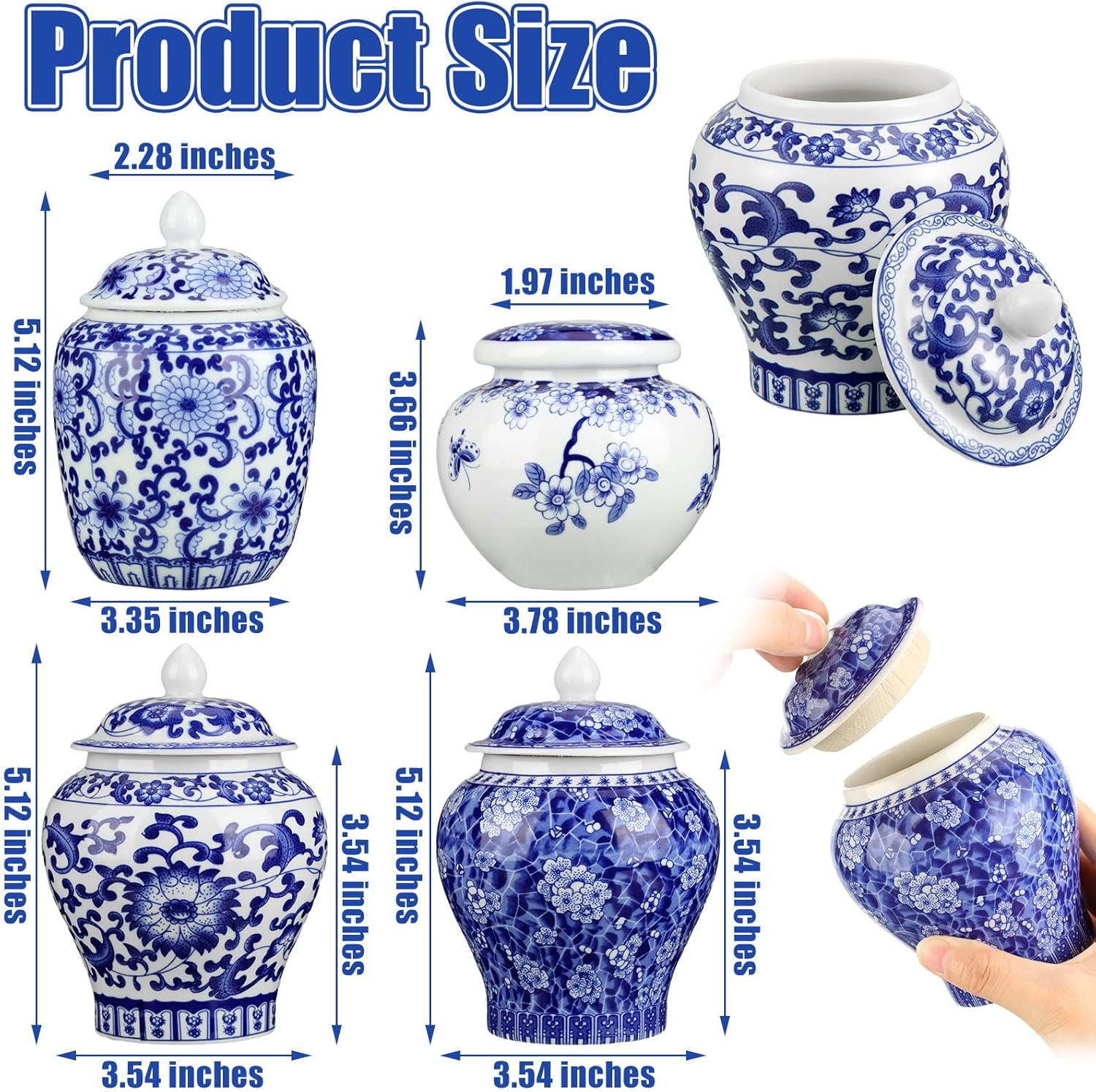 Hushee Small Blue and White Ceramic Ginger Jars Blue Chinoiserie Decor Vases Porcelain Ginger Jars Porcelain Vases for Home Chinoiserie Decor for Bedroom Table Accent Shelf Tabletop(Classic,4 Pcs)