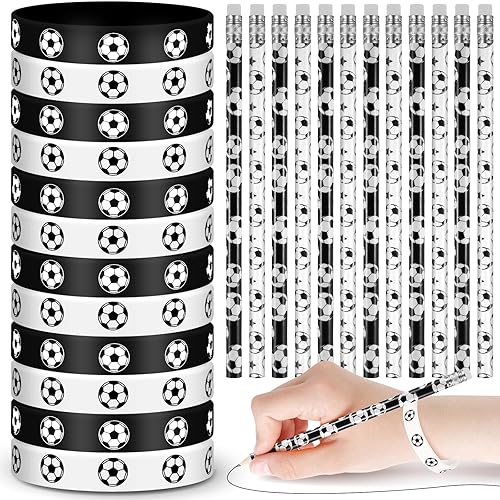 Sabary Juego de 48 pulseras de silicona para lápices deportivos, fútbol, baloncesto, béisbol, lápices de madera, pulseras de goma para regalos de