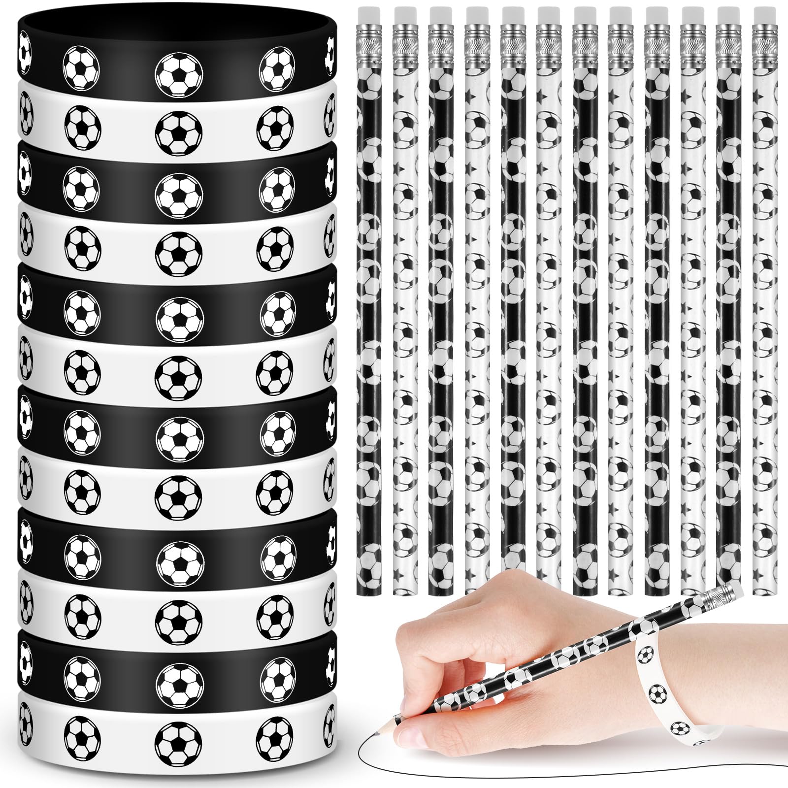 Sabary 48 Pcs Sports Pencils Silicone Bracelets Set Soccer Football Basketball Baseball Wooden Pencil Rubber Wristbands for Birthday Gifts Sports