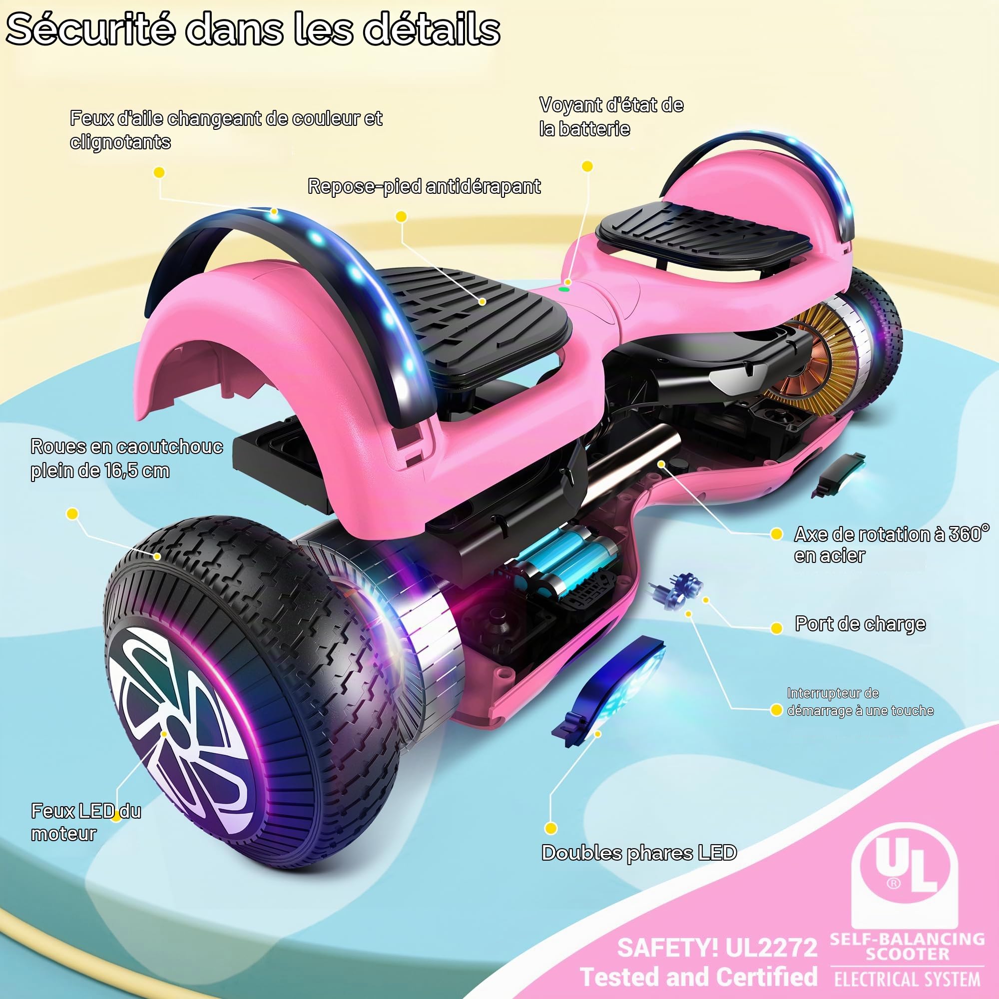SISIGAD Hoverboard, Auto-équilibré Gyropode électrique 6.5 Pouce Hoverboard Hover Scooter Board avec Musique Bluetooth, lumières LED pour Enfants et Adolescents