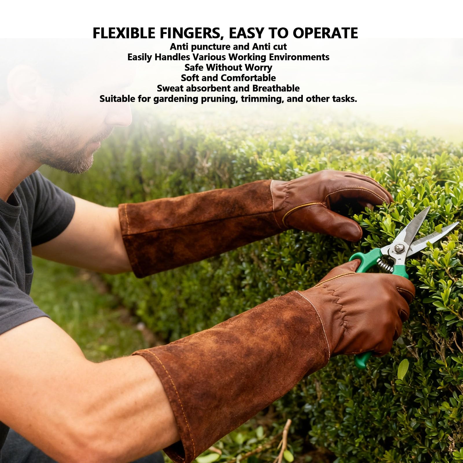 Guanti da Giardinaggio Lunghi in Pelle di Vacchetta per Donna/uomo, Guanti da Potatura per Rose a Prova di Spina, Protezione Braccio per Guanti Giardino per Lavoro Piantando (XL)