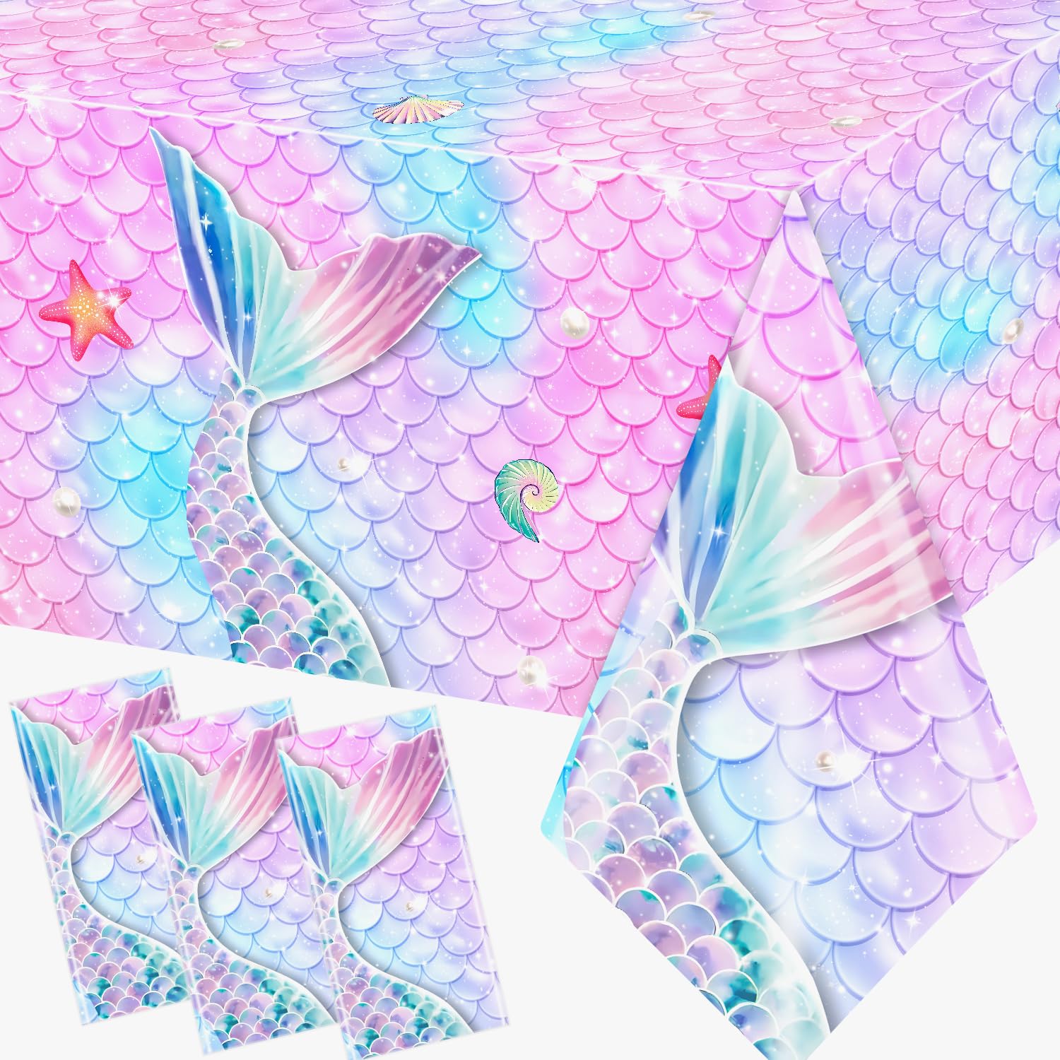 Mermaid Tablecloth for 1st-6th Girl Birthday Party Decorations,Under The Sea Princess & Baby Shower Themed Disposable Mermaid Scales Table Covers