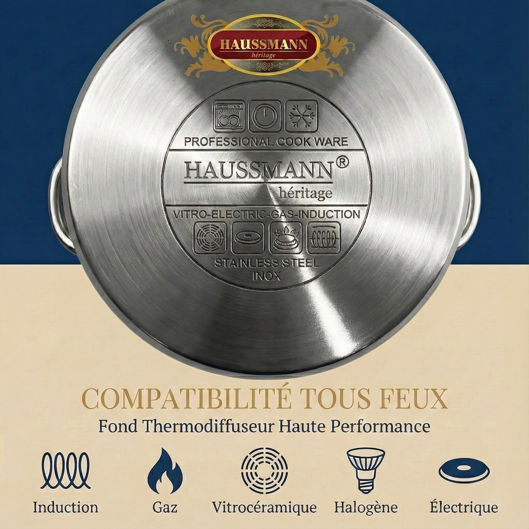 Haussmann Héritage - Couscoussier 3 en 1 Acier Inoxydable (4L/18x15x8cm) - Cuit Vapeur & Faitout - Inclut Panier à Semoule - Couvercle Verre - Compatible Induction & Lave-vaisselle - Sans PFOA