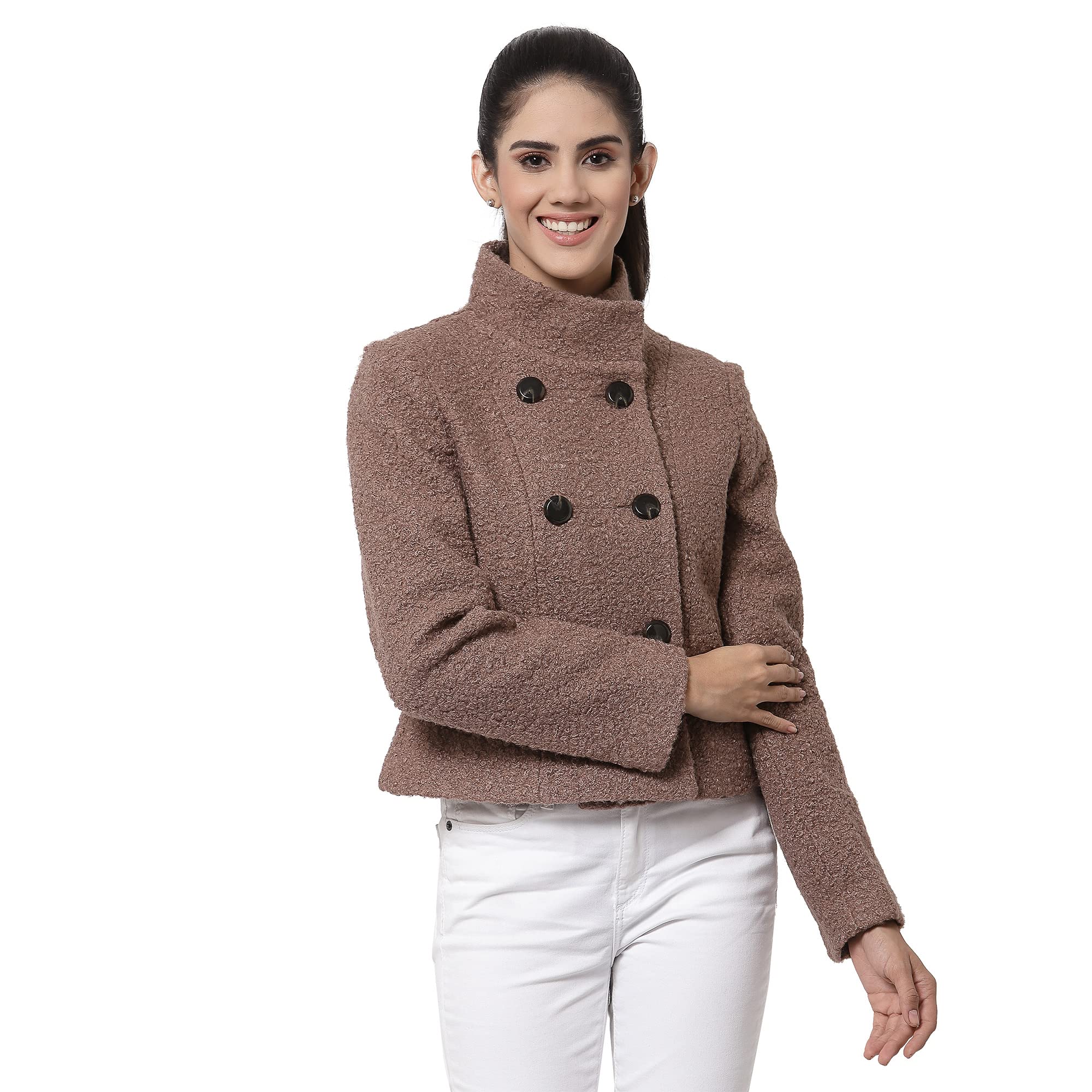 JuelleWomen Textured Brown Collar Neck Polyester Short Coat