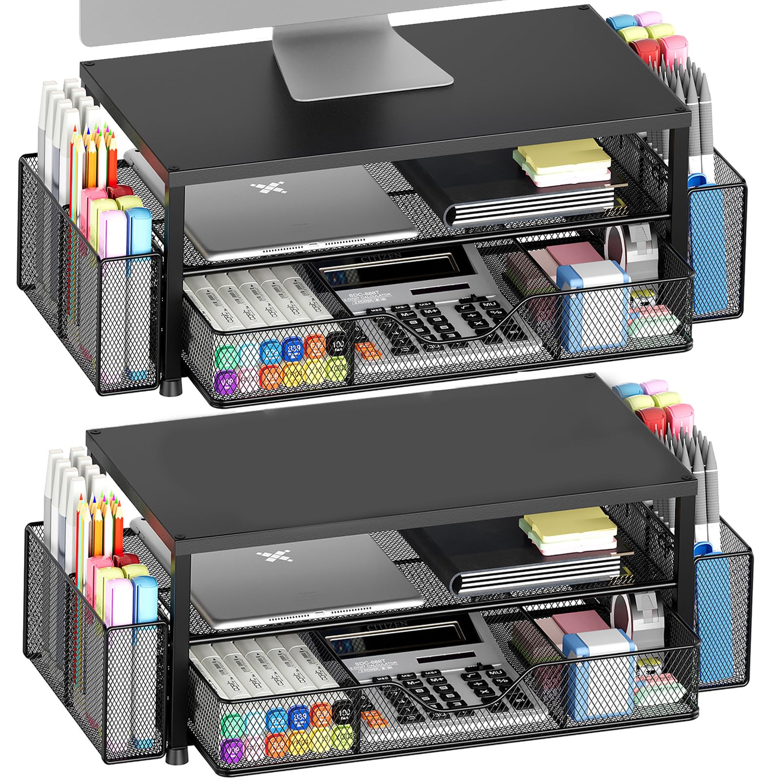 Desk Organizer and Accessories, 2-Tier Computer Monitor Stand Riser with Drawer and 2 Pen Holders, Laptop Stand, Office Desk Accessories for Office Supplies, 2 Pack, Black Black 2-Tier 2