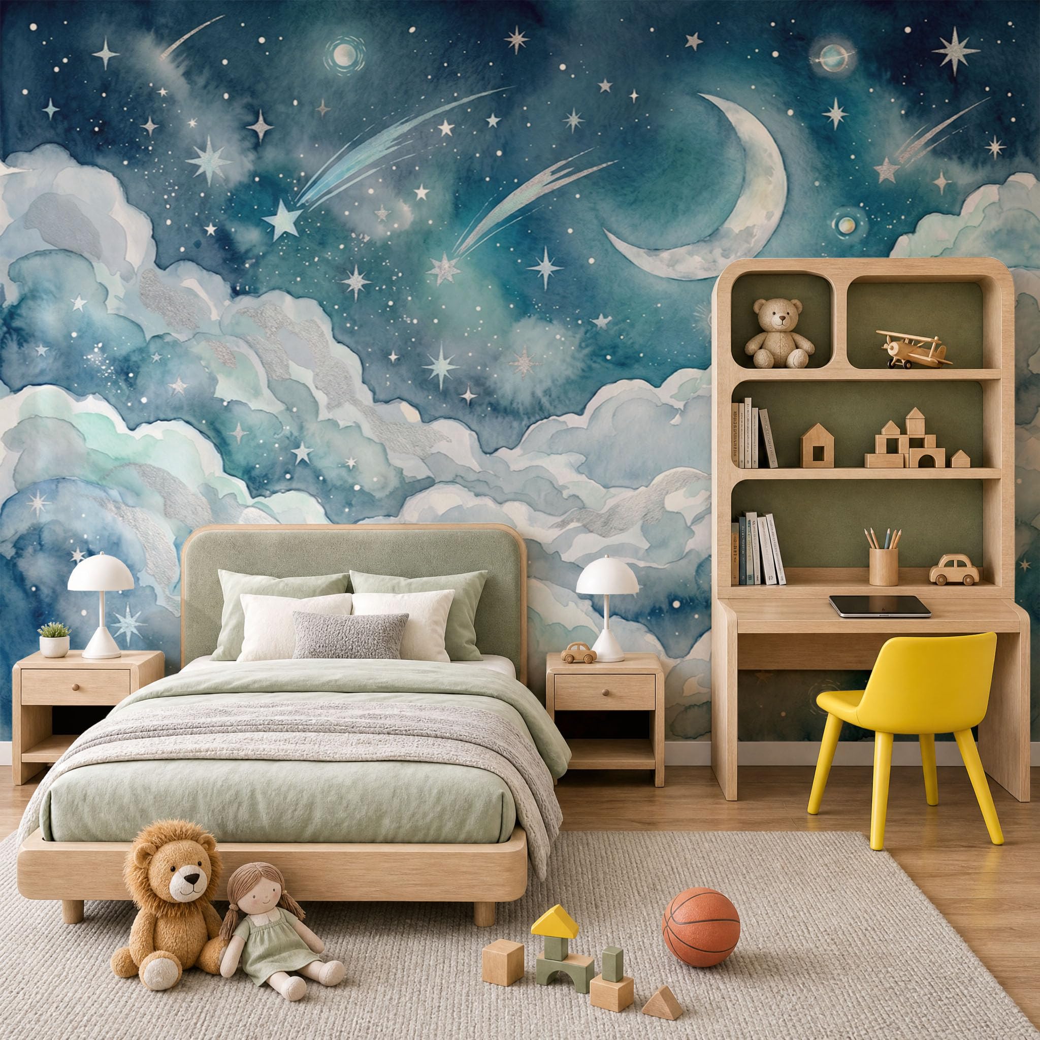 Papier peint panoramique nuages et lune aquarelle salon chambre 250x175