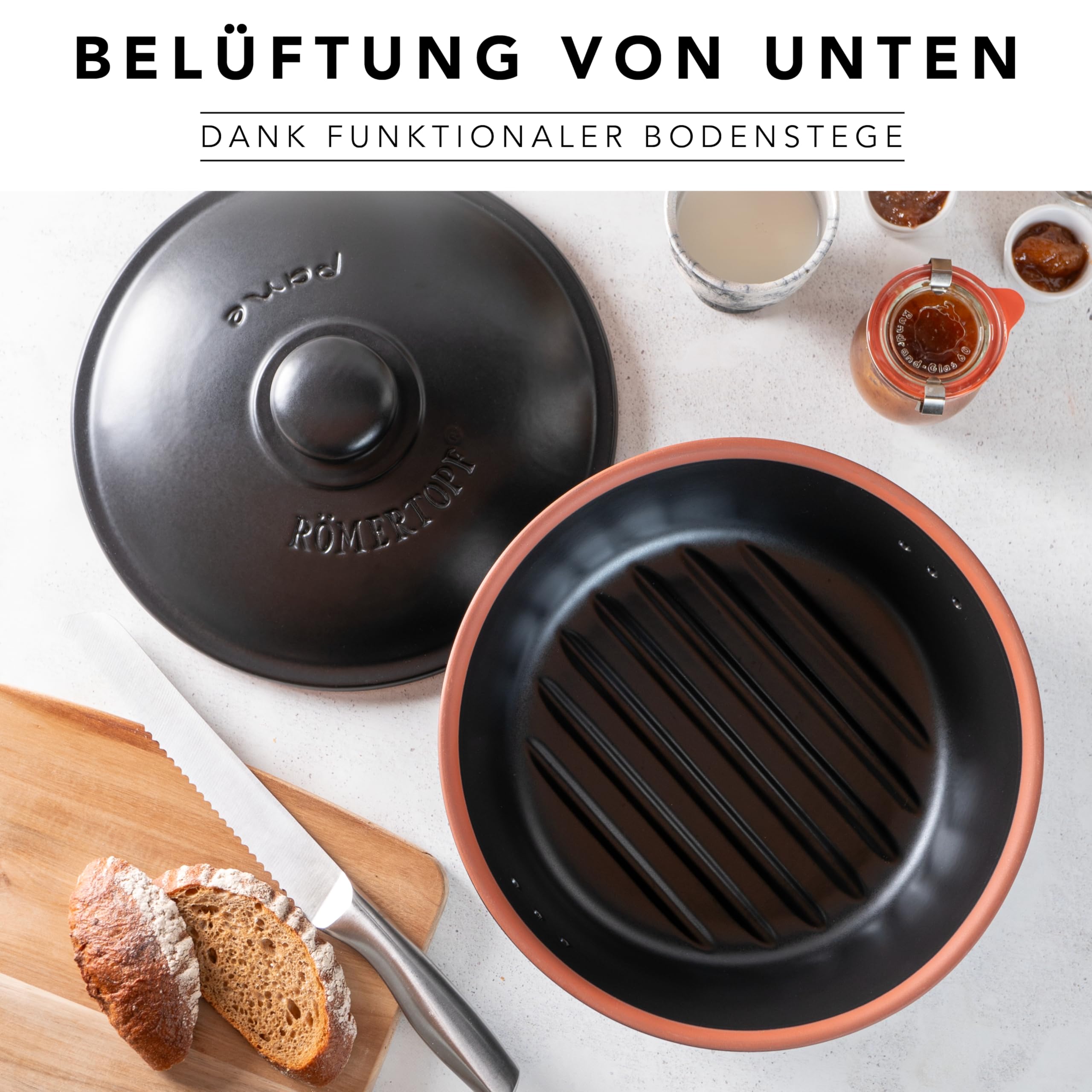 Römertopf Portapane Rotondo Ø 30 cm in Ceramica – Contenitore per Pane Traspirante, Mantiene il Pane Fresco e Croccante più a Lungo, Nero, dal 1967