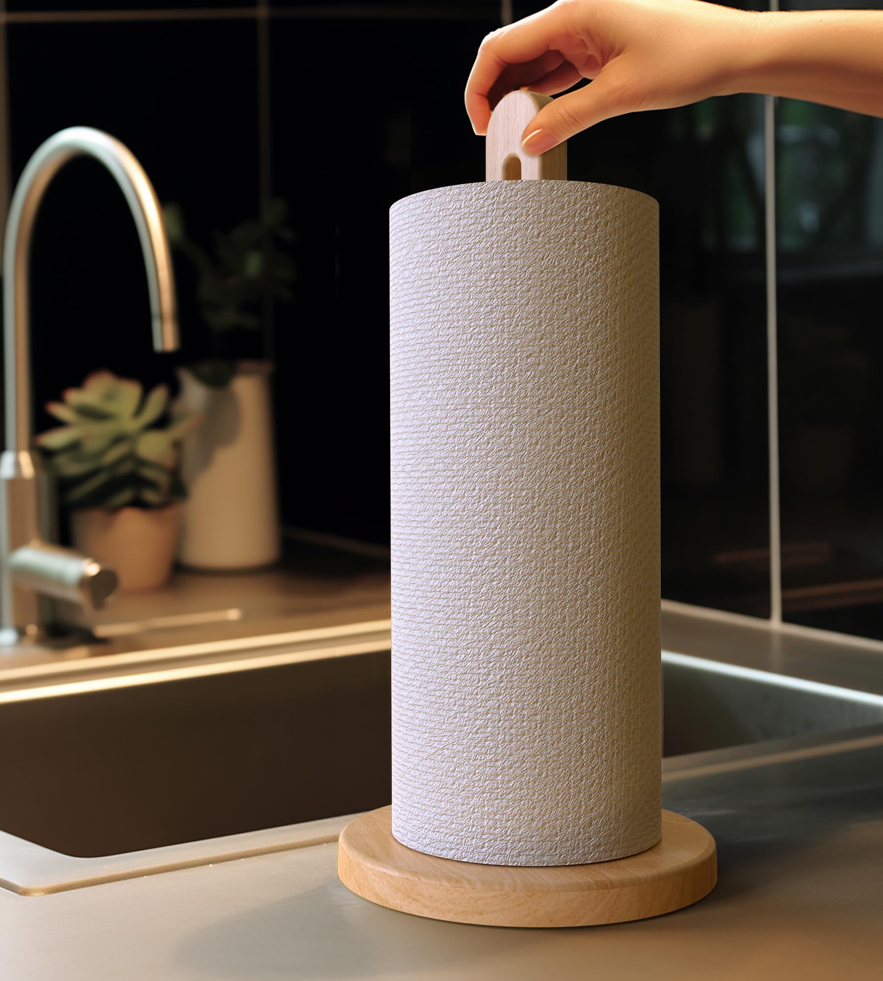 Soporte para toallas de papel de madera, se adapta a rollos gigantes, soporte dispensador de toallas de papel de madera de haya maciza con base antideslizante, 1 paquete 7