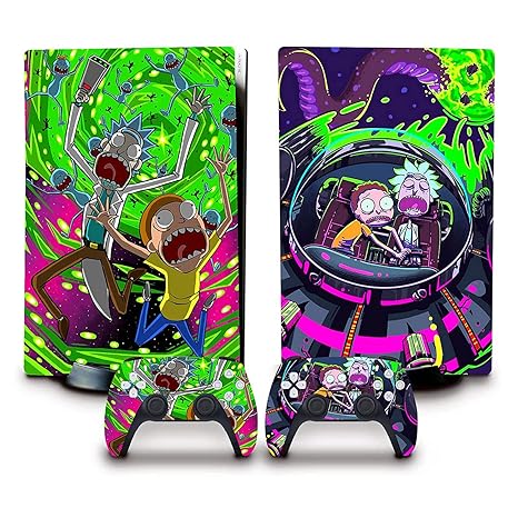 SKIN POSTER - PS5 Skin Protective Vinyl Sticker Decals for PlayStation 5 Disk Version Console and Two Dual Sense 5 Sticker Skins Black PS5 Skin Console and Controller UV Print Vinyl - Rick And Morty