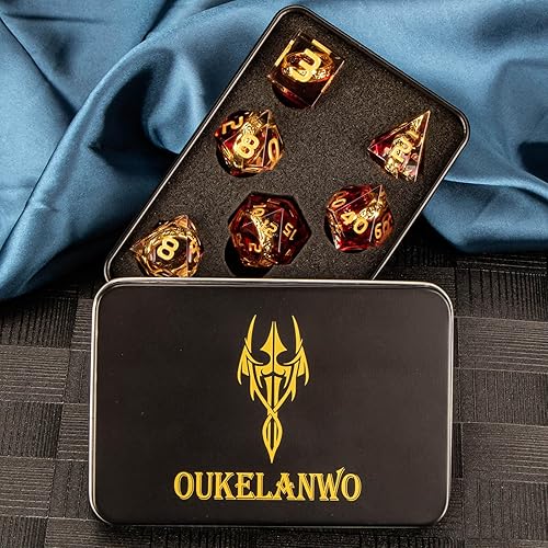 Miniatura 6 de OUKELANWO Magic Lord Rings - Juego de dados DND con caja, 7 piezas de dados LOTR D&D de resina para juegos de rol, dados de oro rojo de mazmorras D