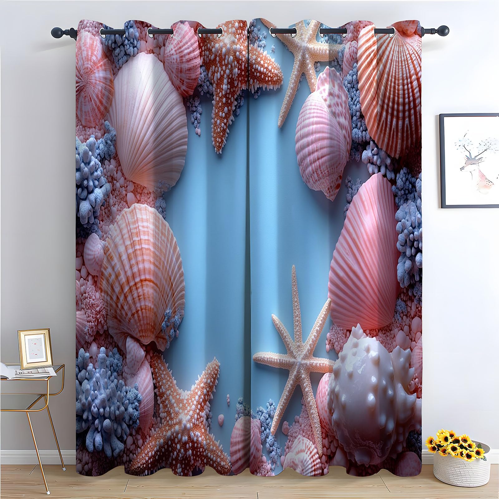 TERUEA Window Drapes Thermal Insulated Curtains for Bedroom, Blue pink coral seashell blank center Landscape Garden Curtains-52 W x 108" L (Pack of 2)