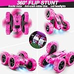 QUNREDA Télécommande pour les enfants 4WD Double face 360° Stunt Voiture phares Tous les pneus de terrain Batterie modulaire Cadeau 6-12 ans Anniversaire RC Voitures Filles Jouets Rose