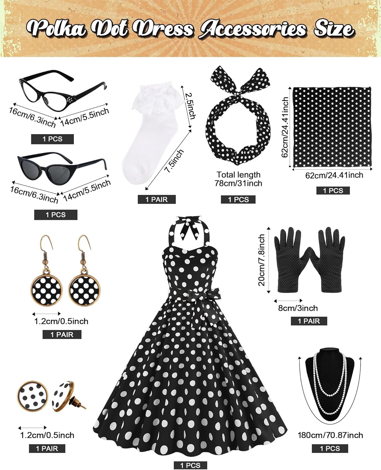 Women's 1950s Polka Dress Set Audrey Vintage-Inspired Cocktail Halter Swing Dress with Accessories 10PCS - Image 2
