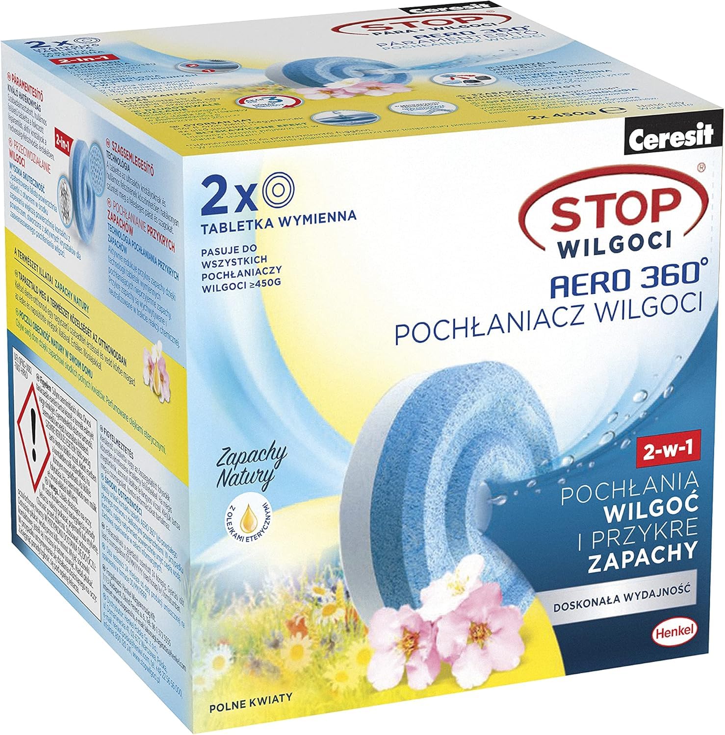 Ceresit STOP Wilgoci AERO 360° Tabletki Polne Kwiaty wkłady do pochłaniacza wilgoci, nowoczesne tabletki pochłaniające wilgoć, chłonny neutralizator zapachów, 2x450g