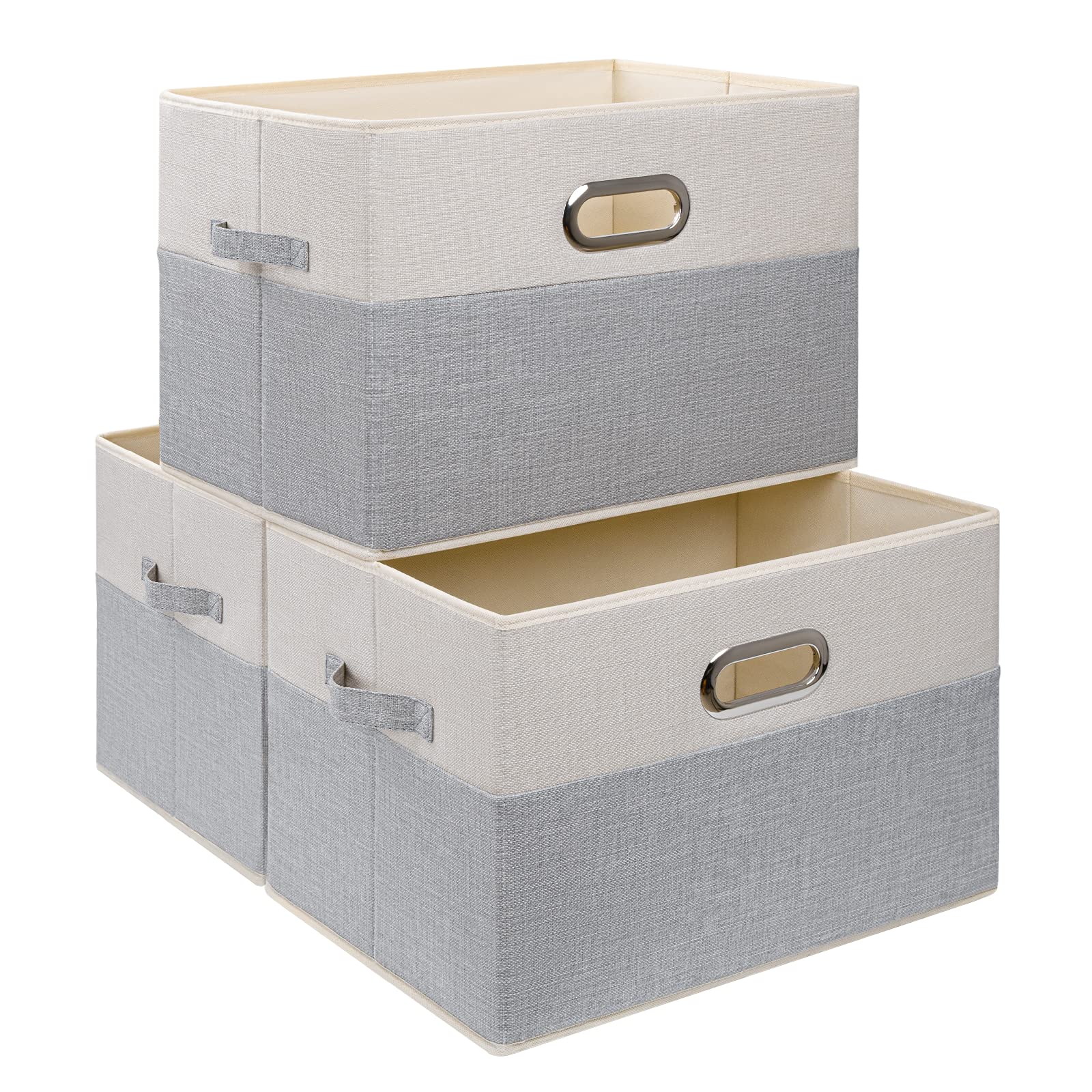 DIMJ Storage Basket for Shelves, 3 Pack Extra Large Closet Storage Bins, Foldable Rectangular Fabric Basket for Clothes, Toys, Home, Beige/Grey Jumbo