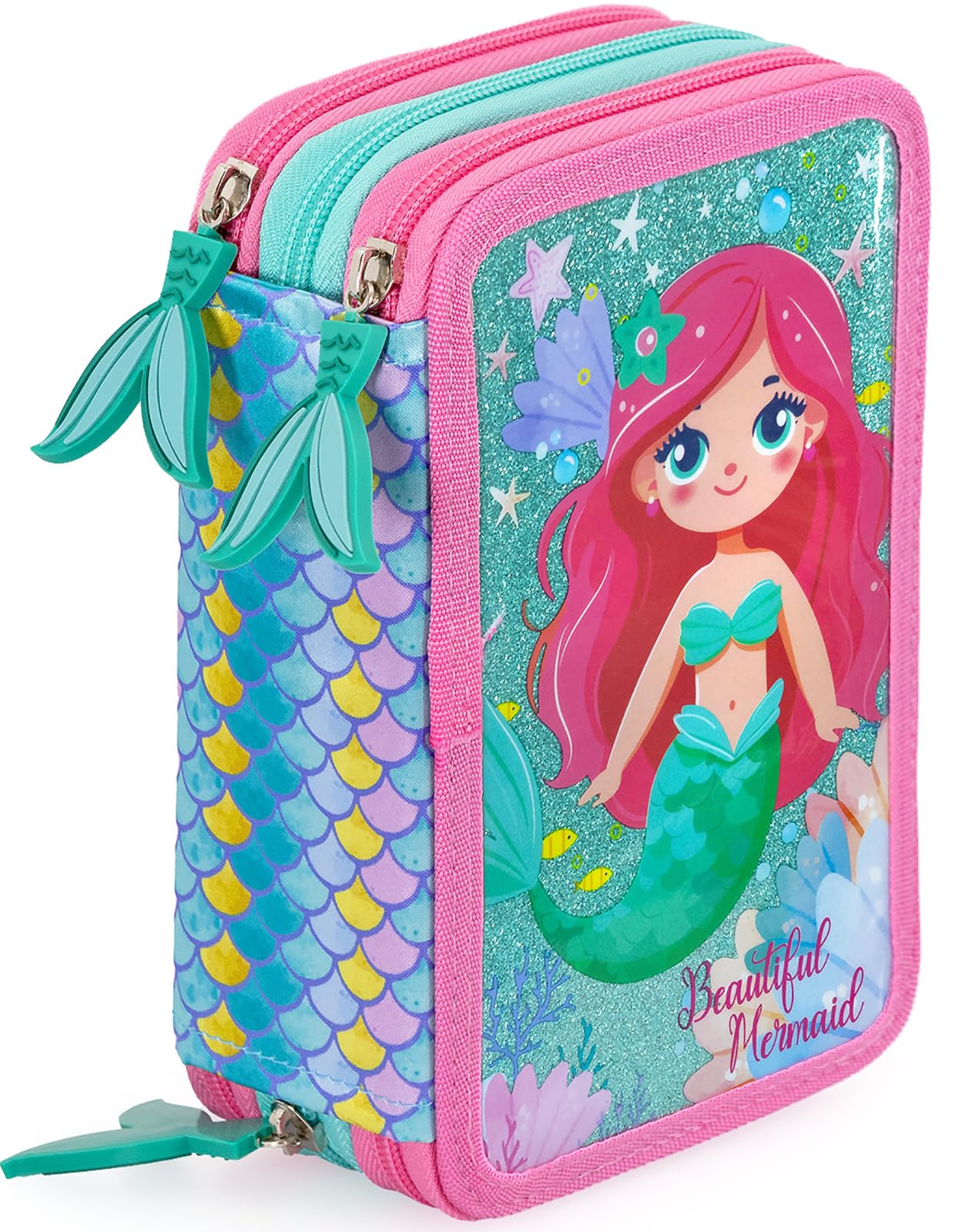 Plumier Triple 45 Piezas – Estuche Escolar Completo con Bolígrafos Gel Borrables, Lápices 4.0 mm, Rotuladores, Tijeras, Pegamento – Ideal Primaria y Regalo niña – Sirena Brillante – Julian Ross