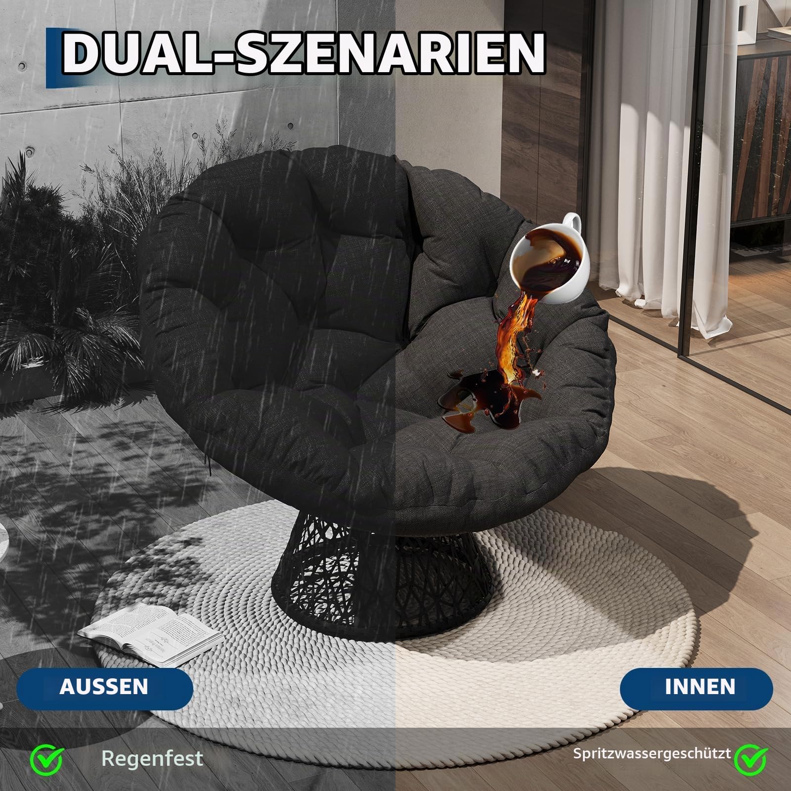 360° Swivel Schaukelstuhl Max.160Kg Schaukelsessel | 125x90x40cm | 15cm dickes Kissen | Stabiler Stahlrahmen