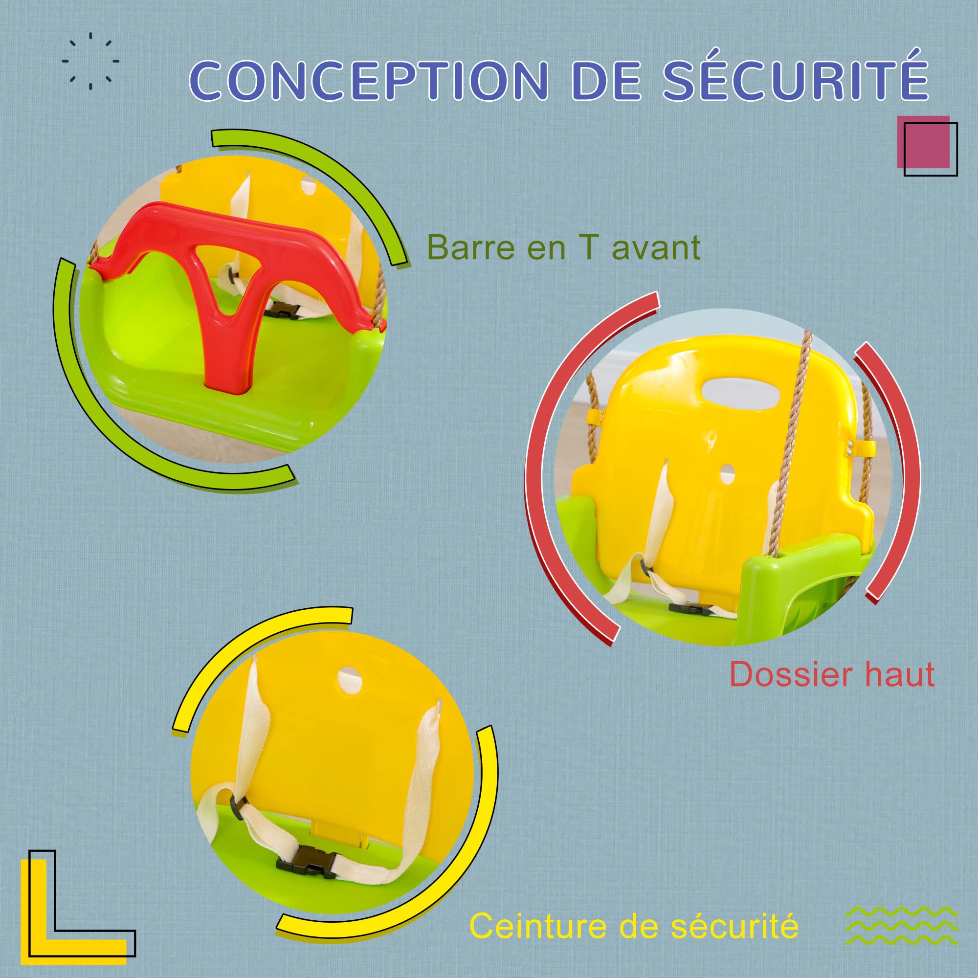Outsunny Balançoire siège 3 en 1 évolutif pour Enfant avec Dossier et Barre en T Amovibles - de 9 à 36 Mois - intérieur extérieur - Hauteur Ajustable Vert
