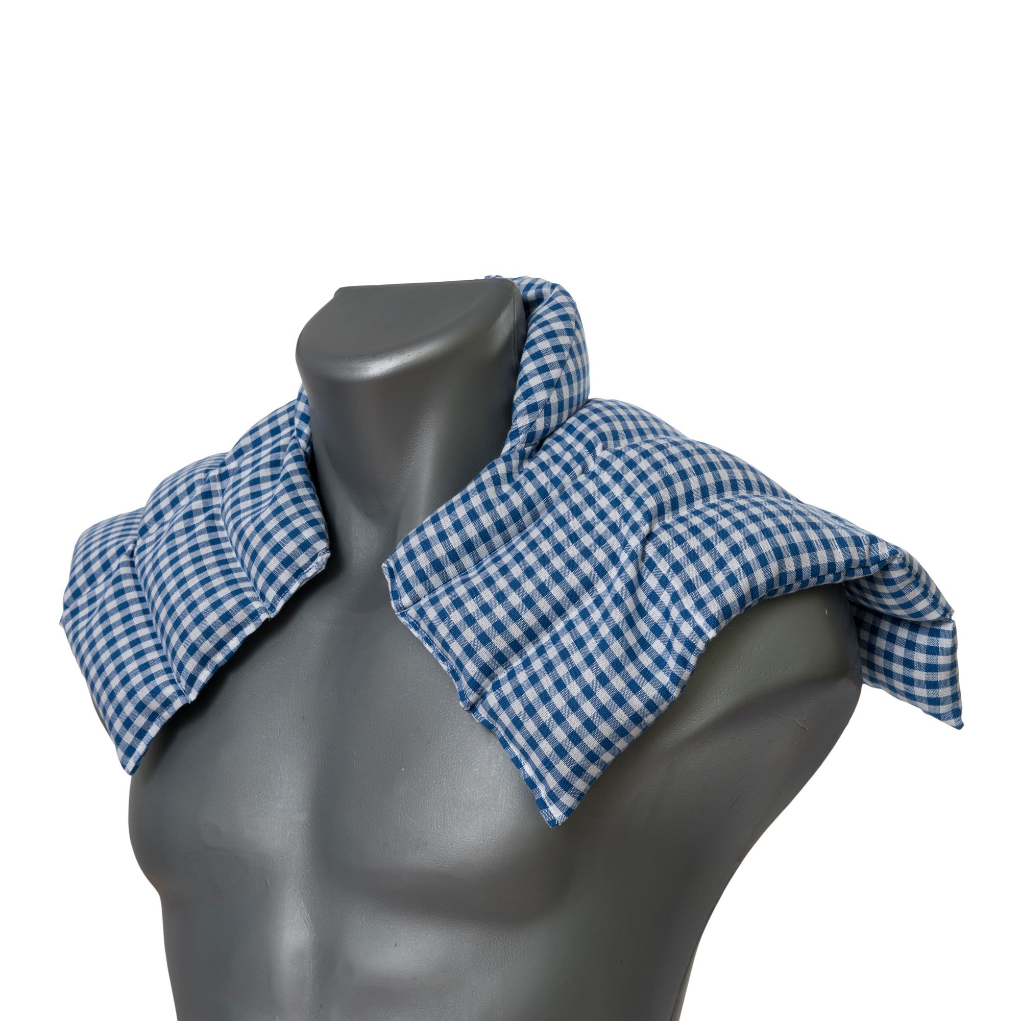 Cuscino termico cervicale XL con farro bio, per collo, spalle e schiena. (blu e bianco a quadri, Farro bio) Cuscino termico utilizabile caldo e freddo