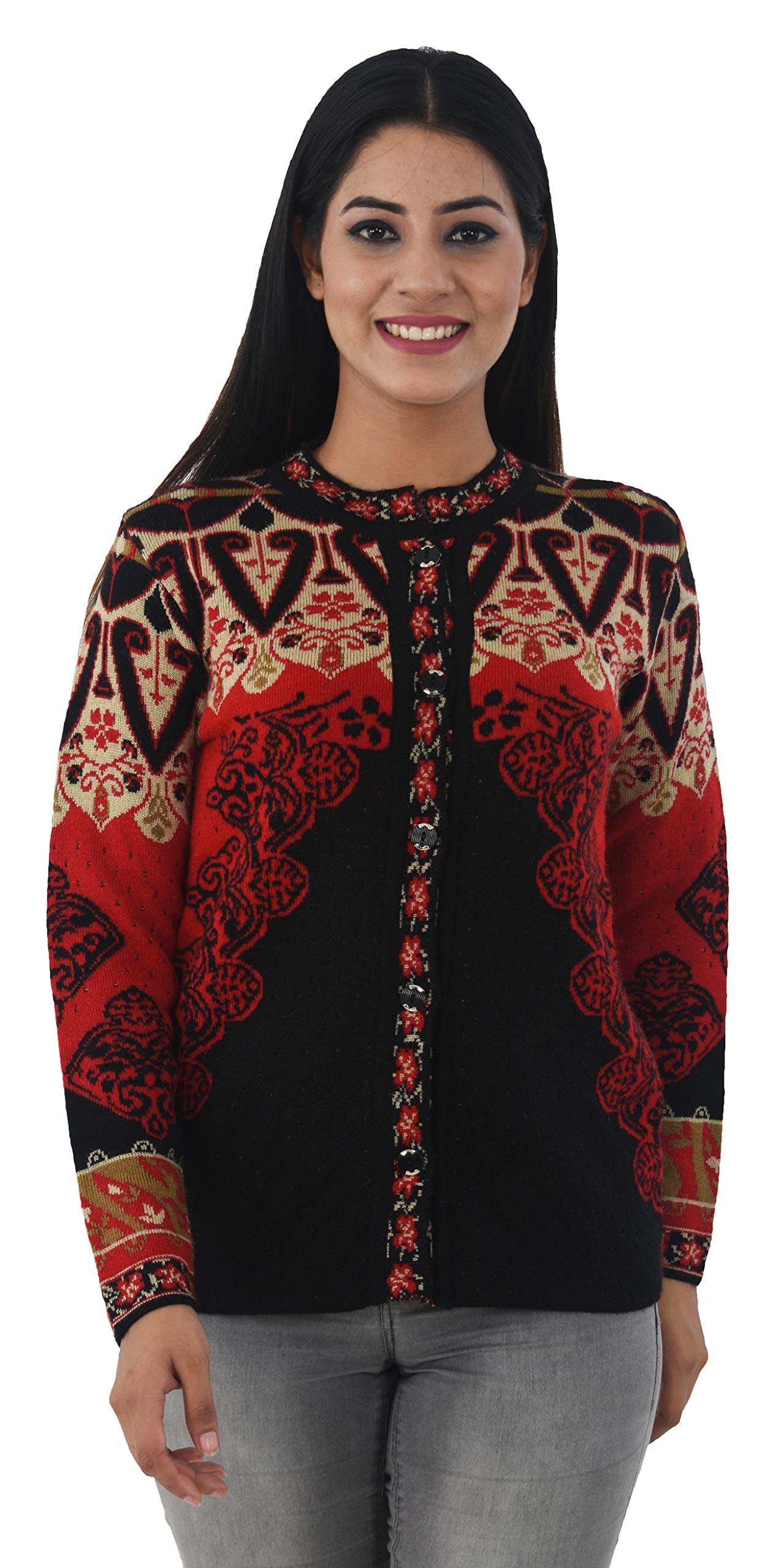 Women's Woollen Wool Fullsleeve Winter Wear Floral, self Design, Solid Buttoned Cardigan Sweater Black